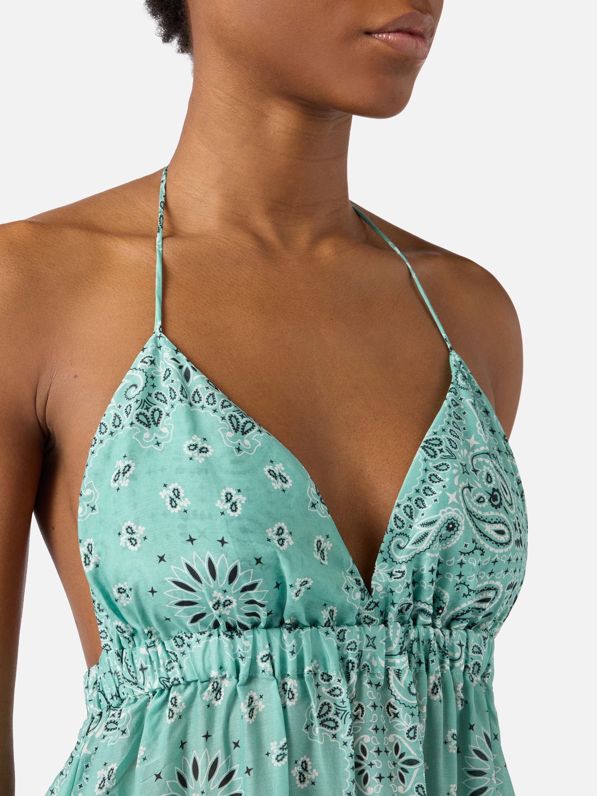 Long Zucky dress in silk with aqua green bandana print - Image 2