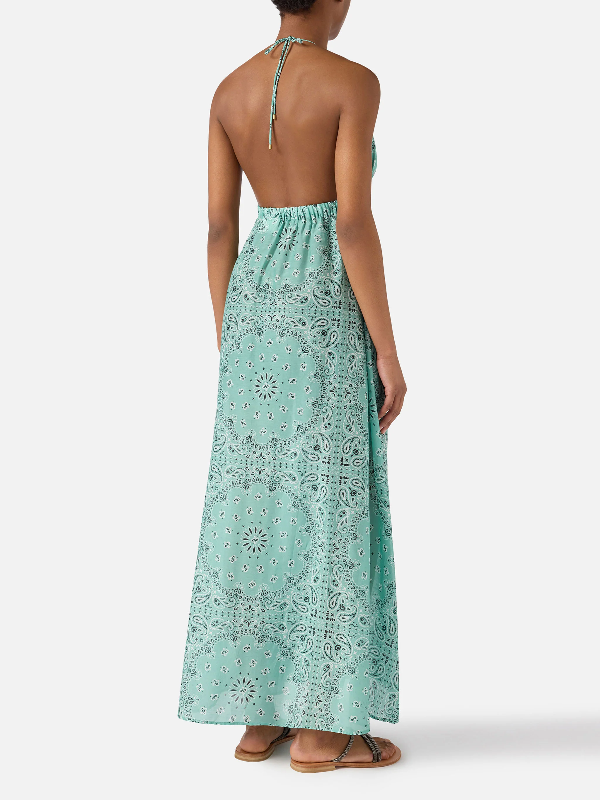 Long Zucky dress in silk with aqua green bandana print - Image 3