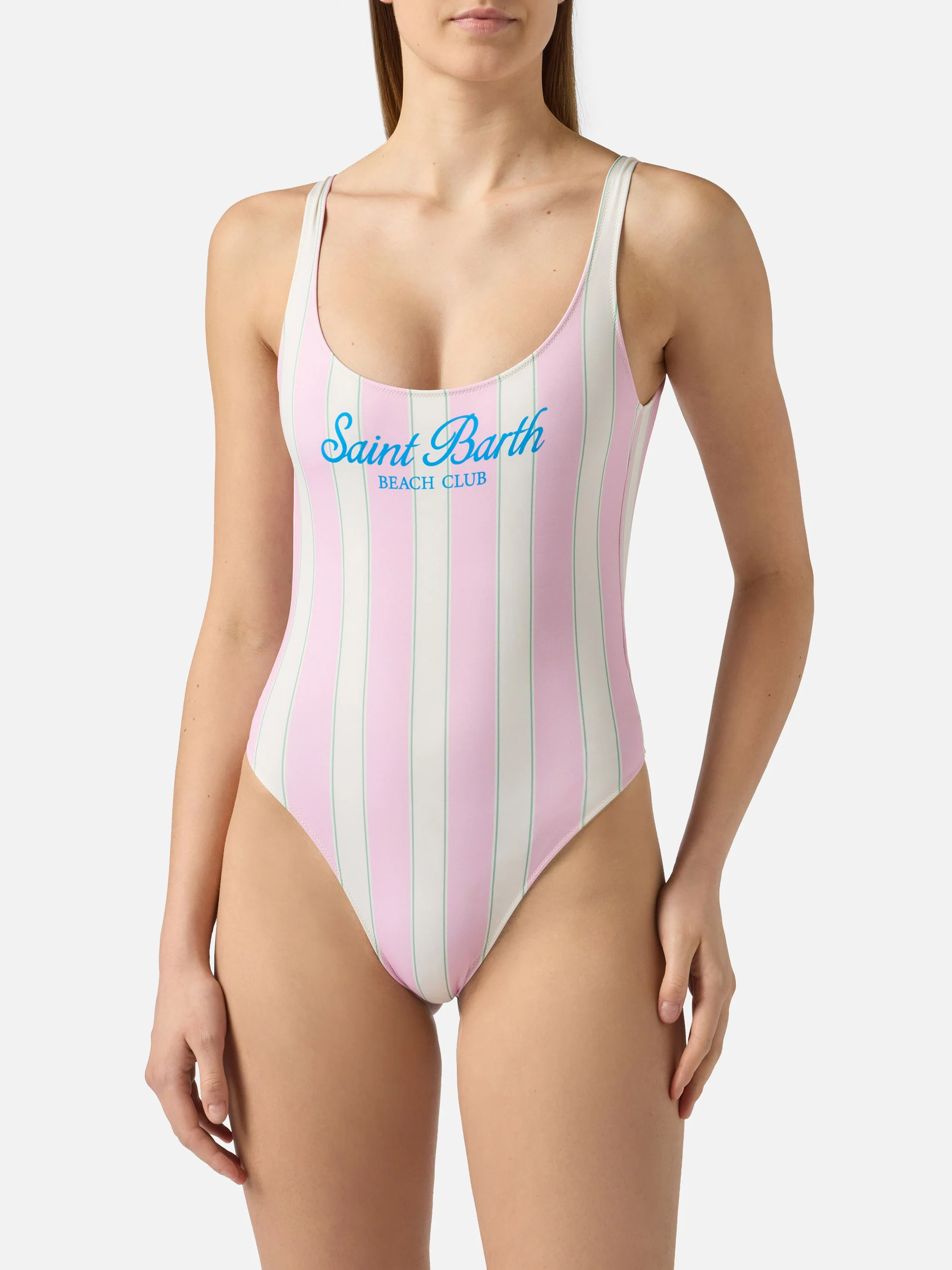 Lora one-piece swimsuit in pink and cream striped design with Beach Club print - Image 2