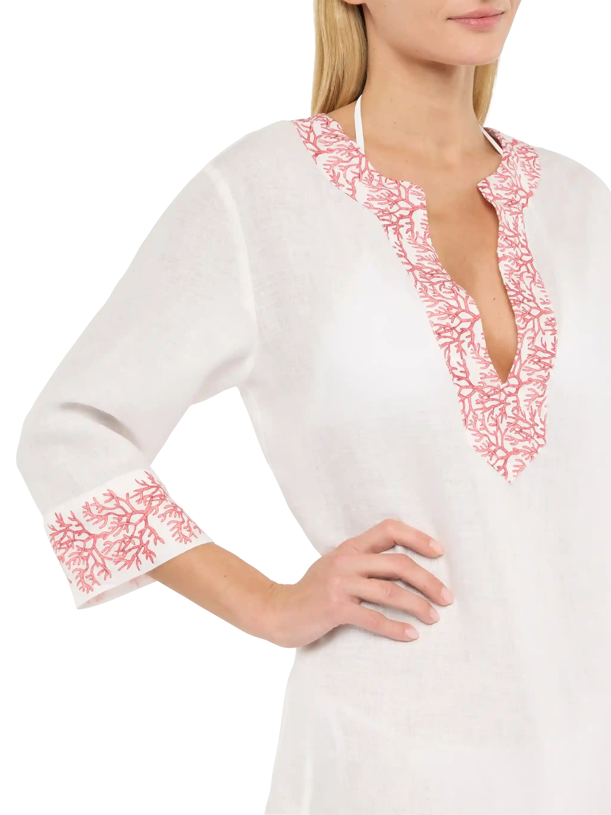 Macha linen tunic dress with coral print - Image 2