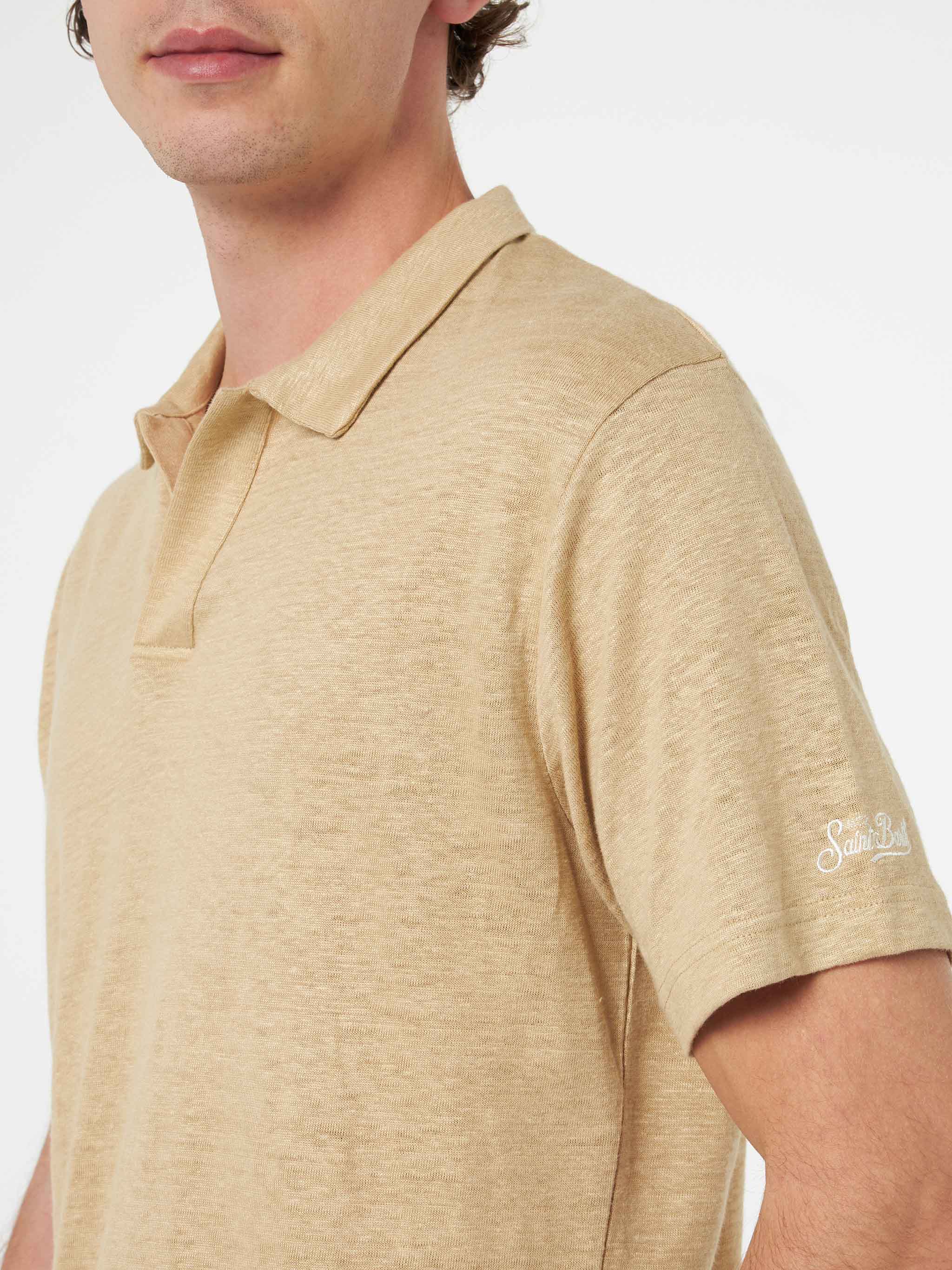 Beige linen buttonless polo shirt Fraser - Image 4