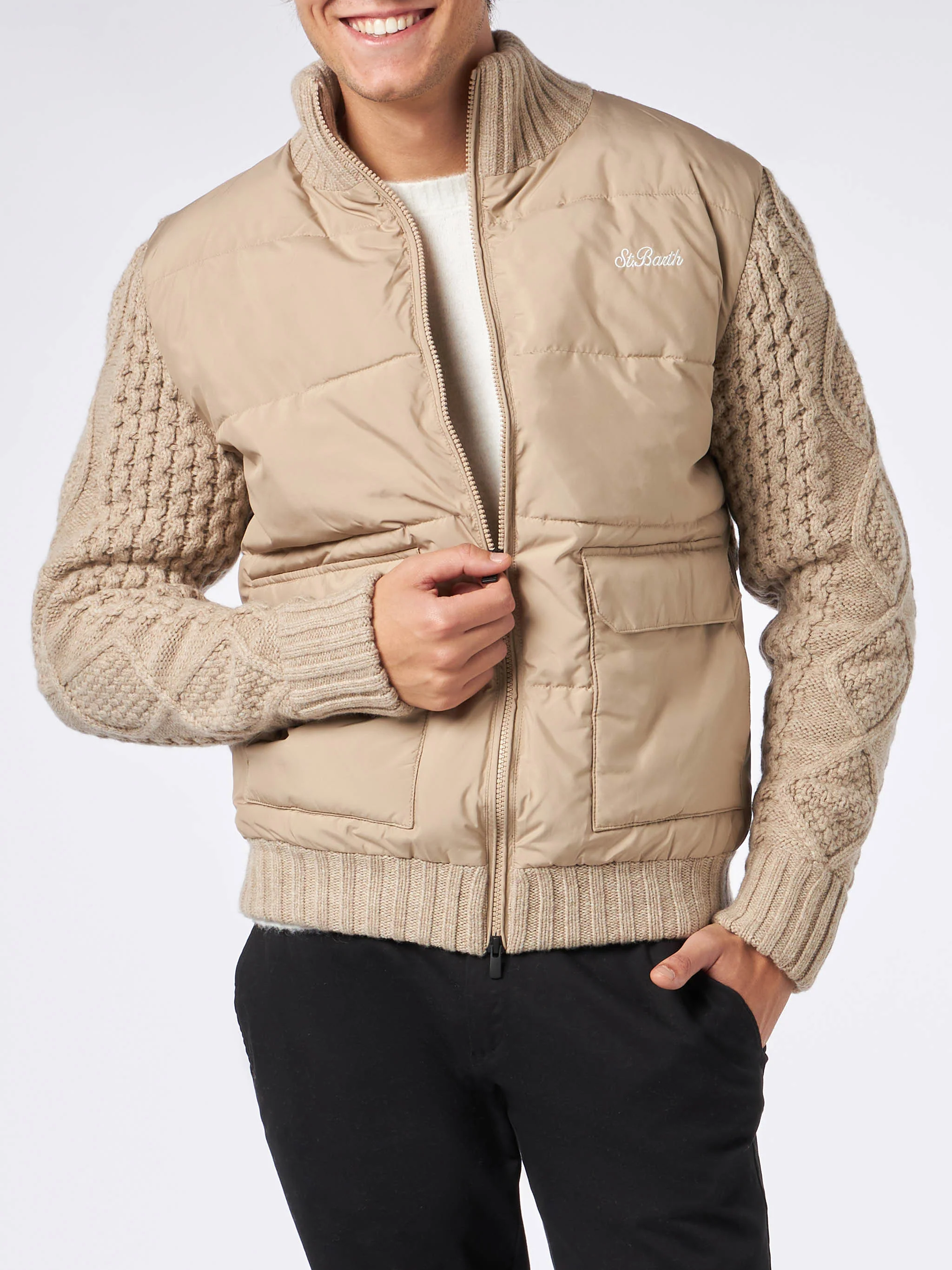 Whistler beige quilted jacket with braided knitted sleeves
