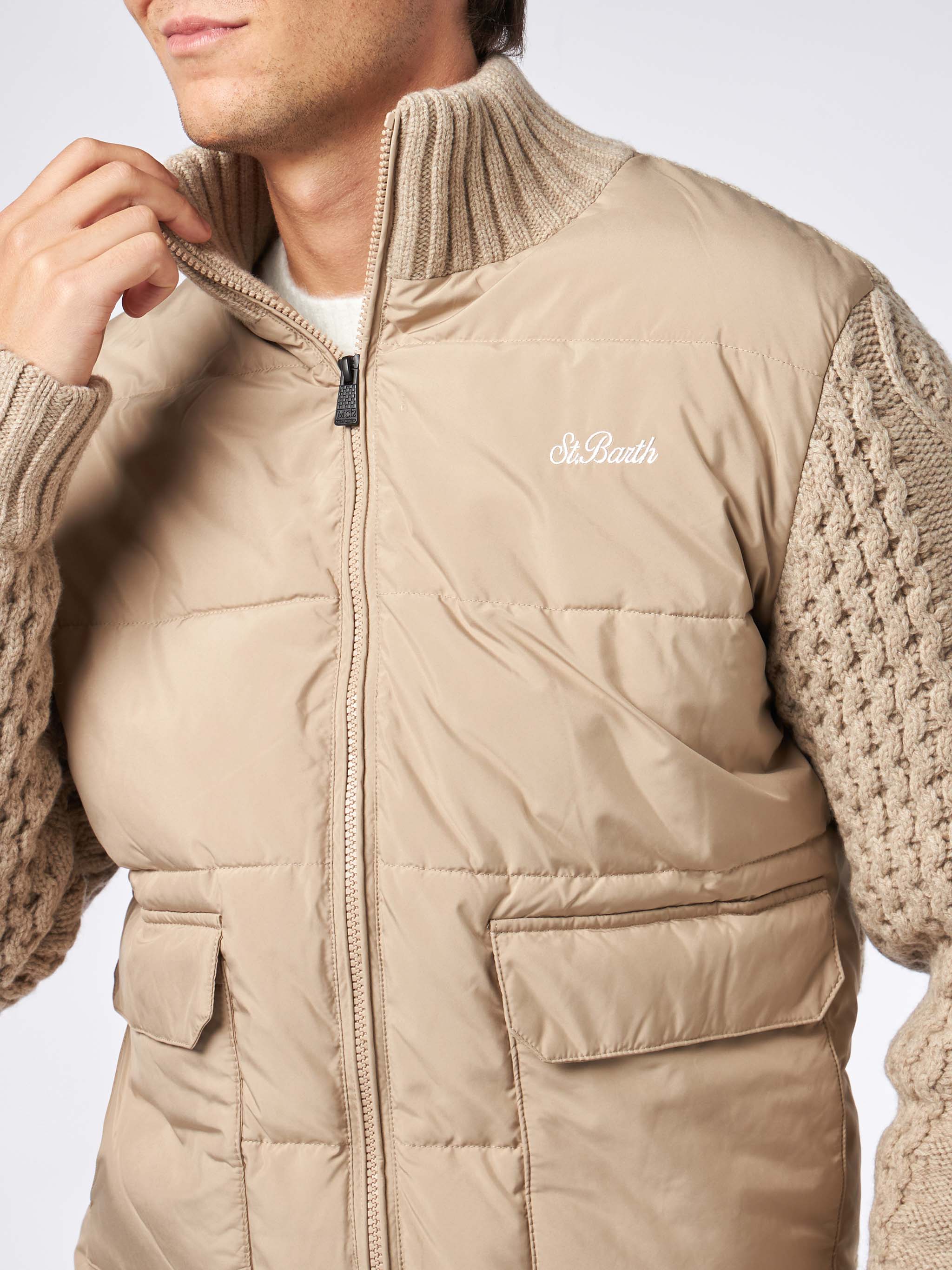 Whistler beige quilted jacket with braided knitted sleeves - Image 3