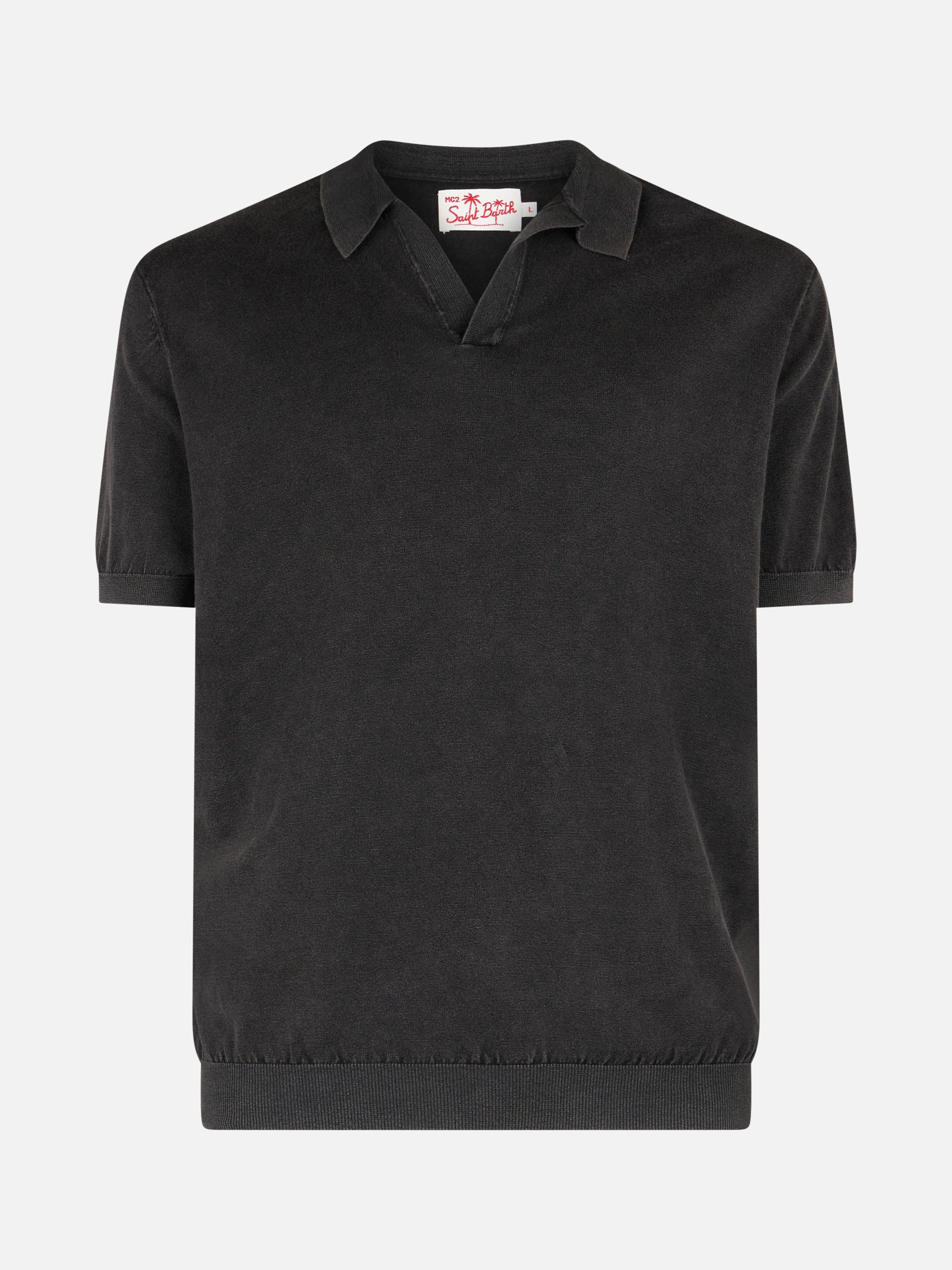 Black buttonless knitted polo shirt Sloan with vintage treatment - Image 4