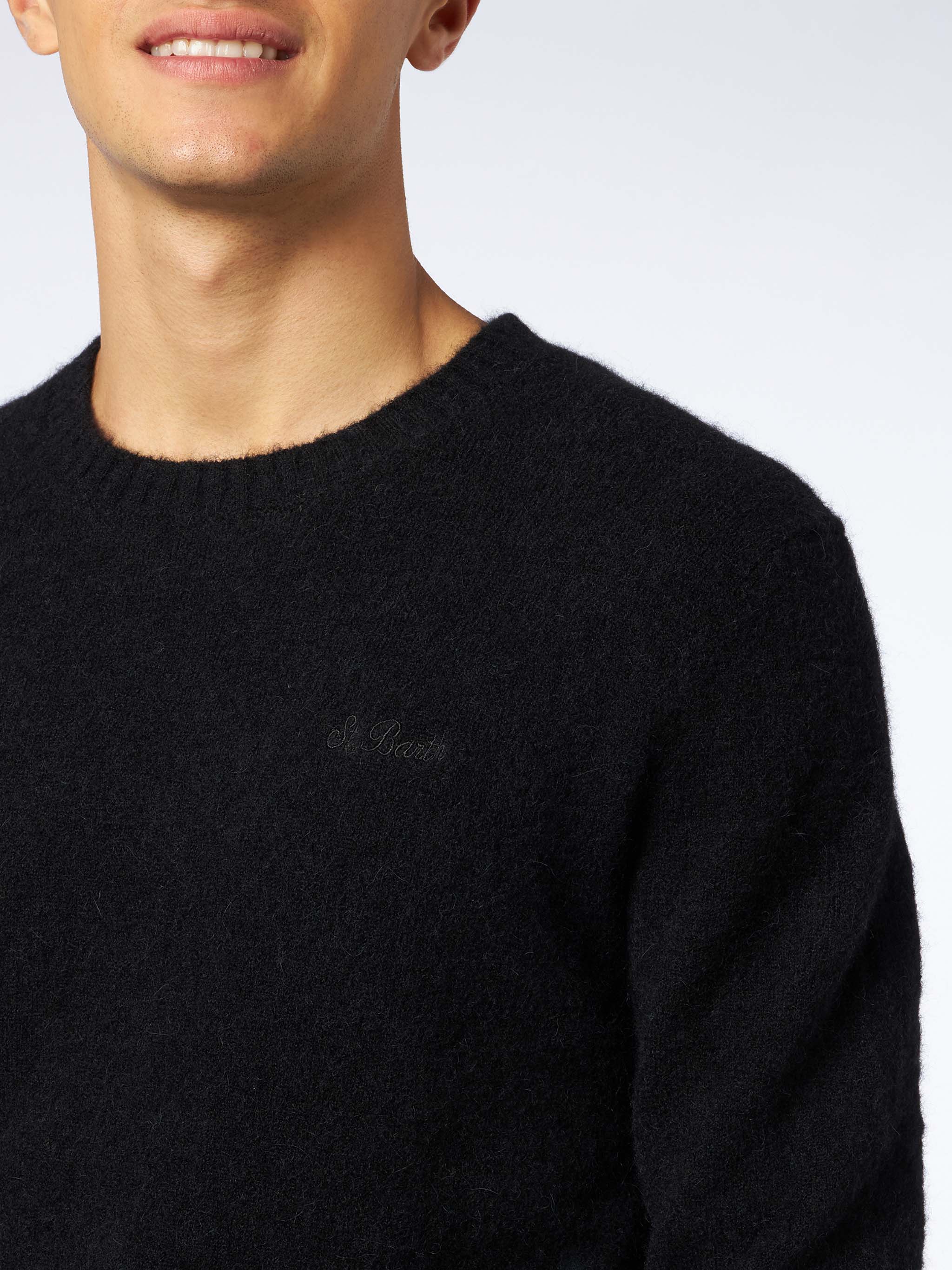 Crewneck sweater Heron in black stretch alpaca with St. Barth embroidery - Image 2