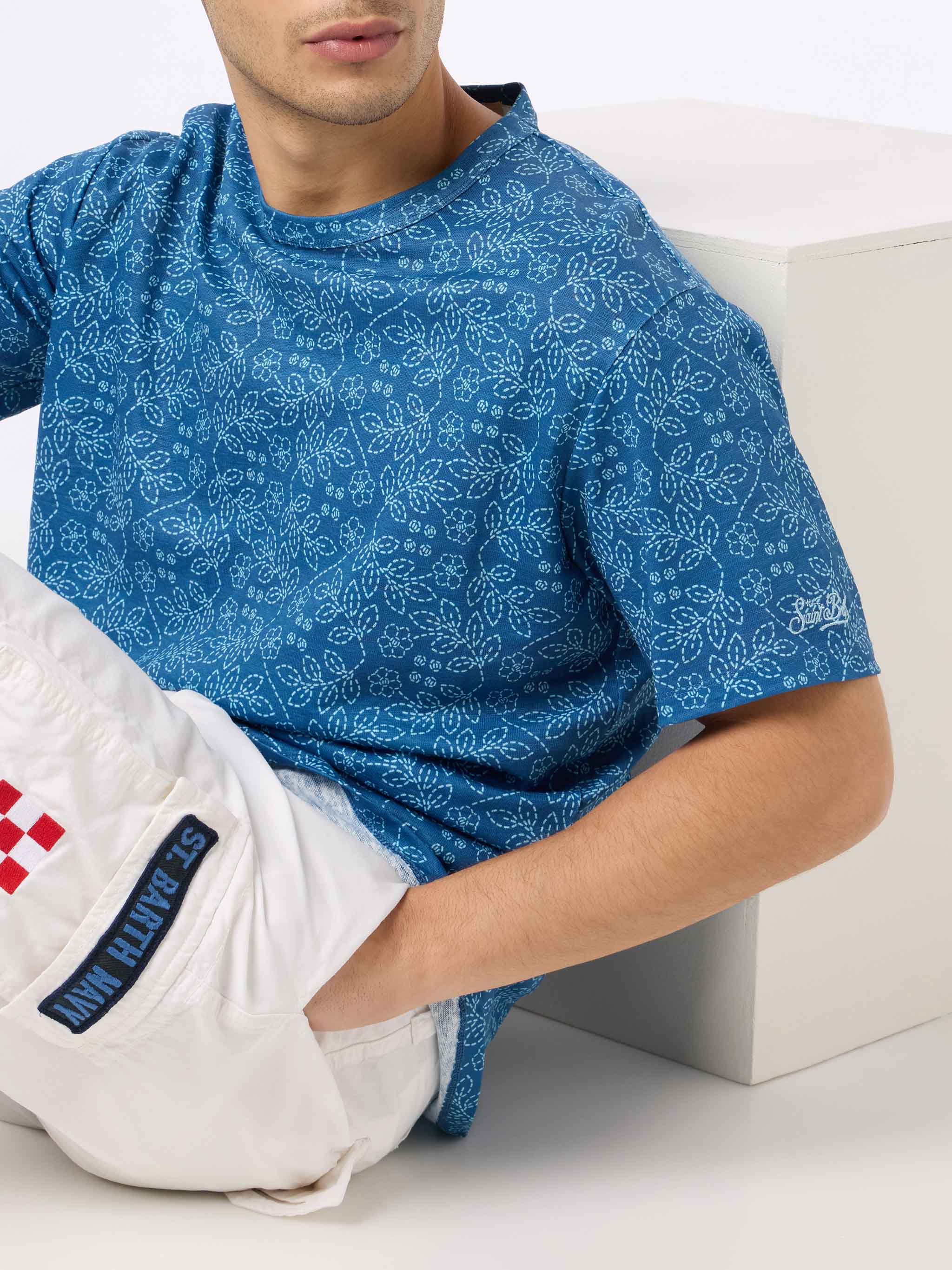 Ecstasea blue linen jersey t-shirt with sashiko pattern - Image 2