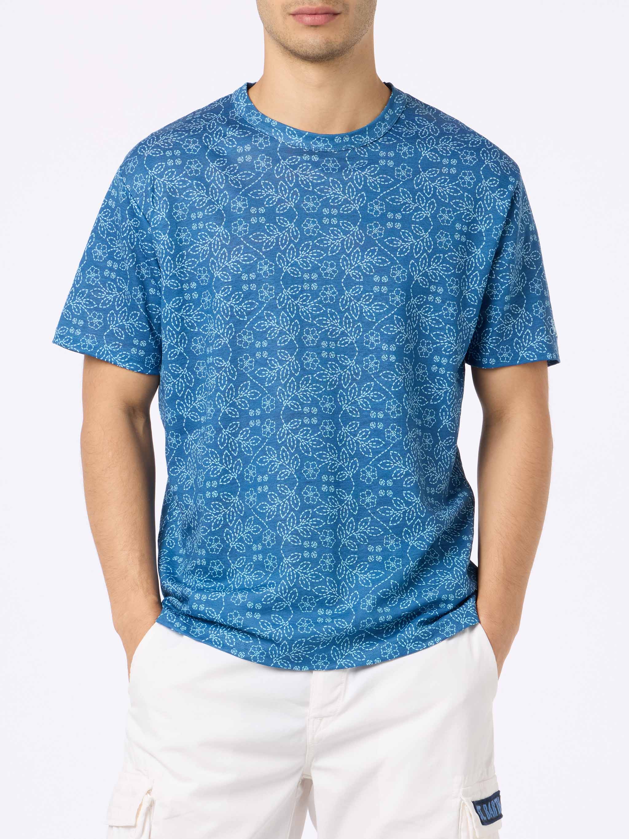 Ecstasea blue linen jersey t-shirt with sashiko pattern - Image 3