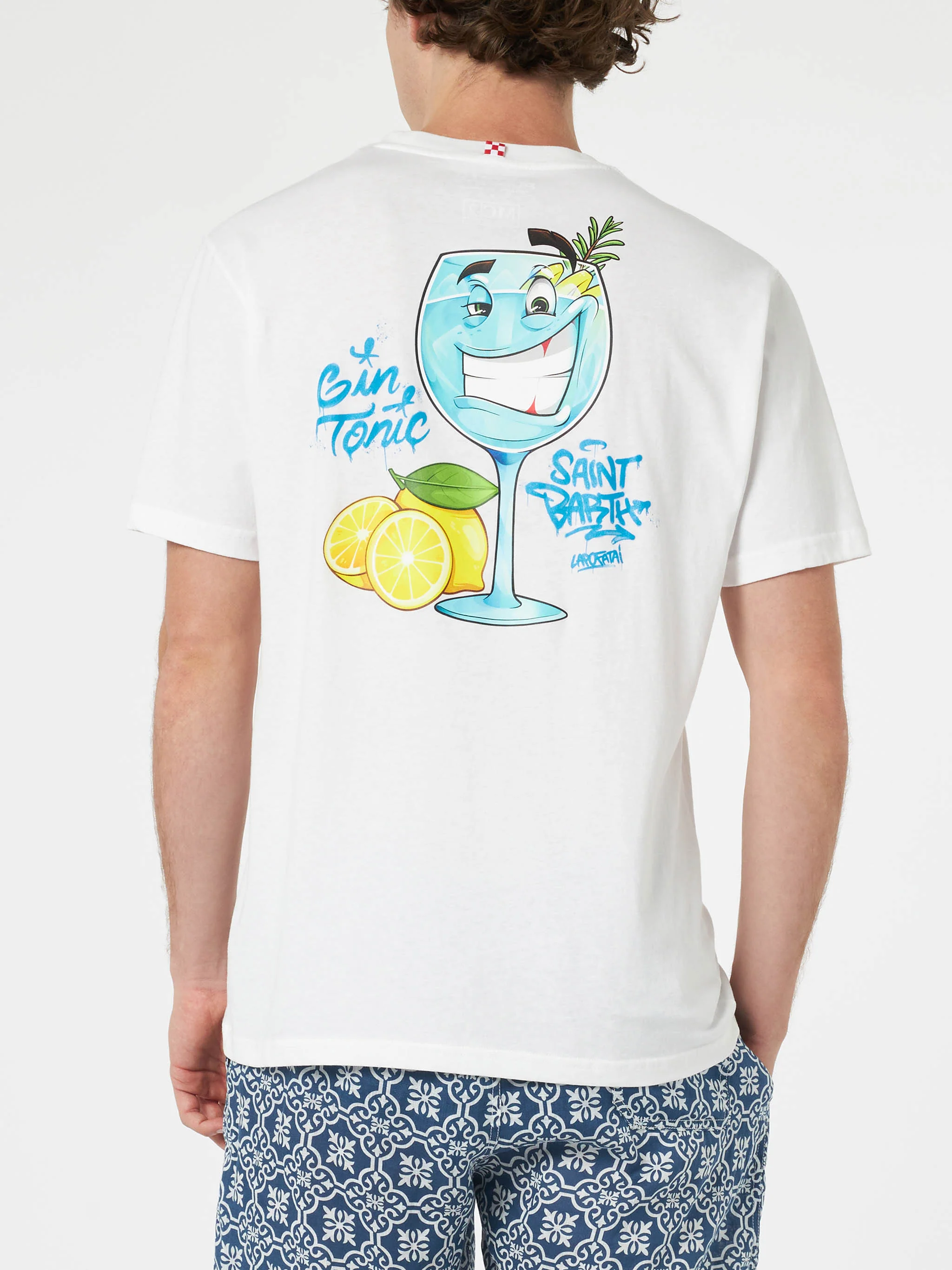 Cotton t-shirt with Cryptopuppets cocktail Gin Tonic front and back placed print | CRYPTOPUPPETS SPECIAL EDITION - Image 3