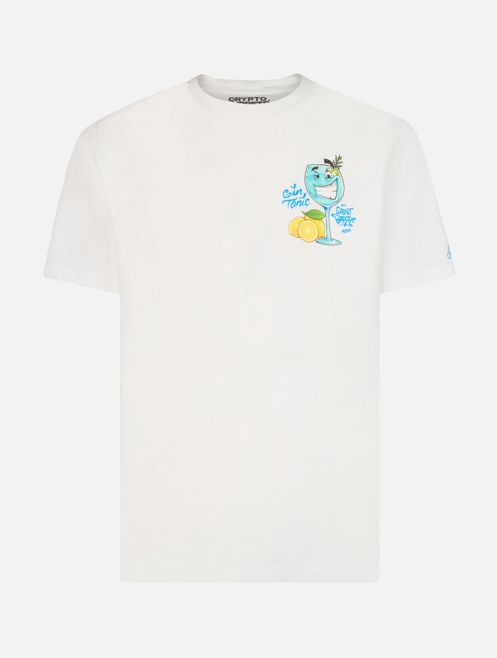 Cotton t-shirt with Cryptopuppets cocktail Gin Tonic front and back placed print | CRYPTOPUPPETS SPECIAL EDITION - Image 5