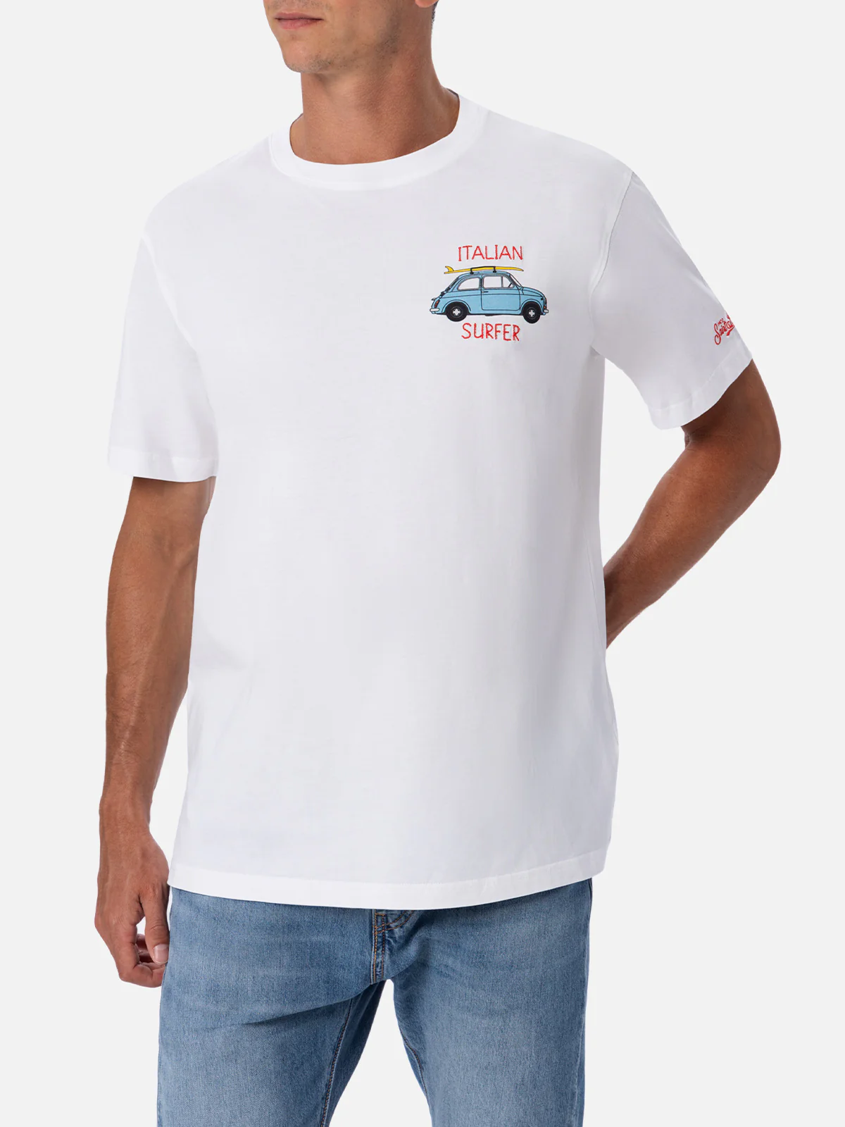 Fiat 500 t-shirt with print and surf embroidery in white | Special Edition - Image 3