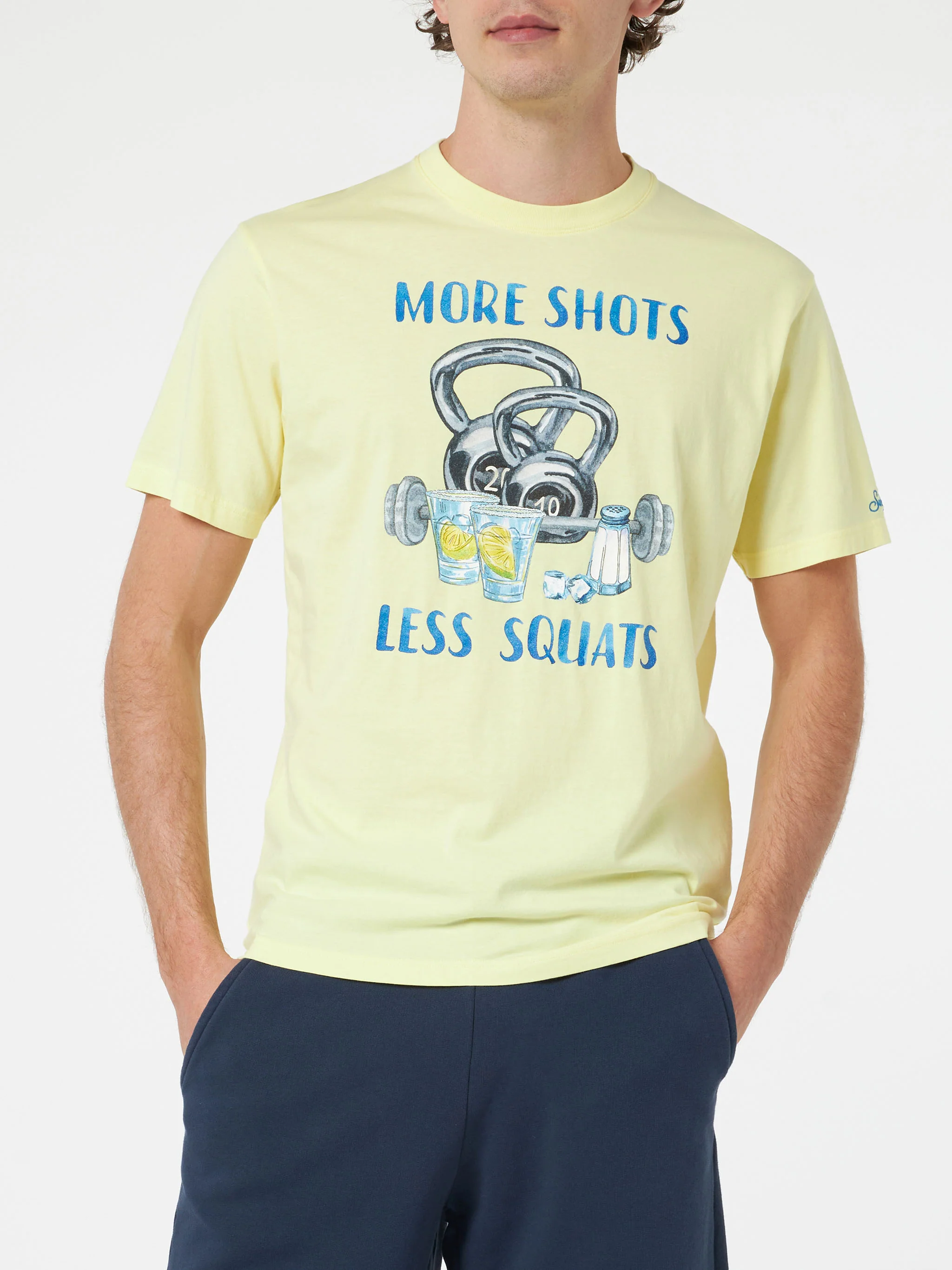 T-shirt with More Shots Less Squats print in yellow - Image 2
