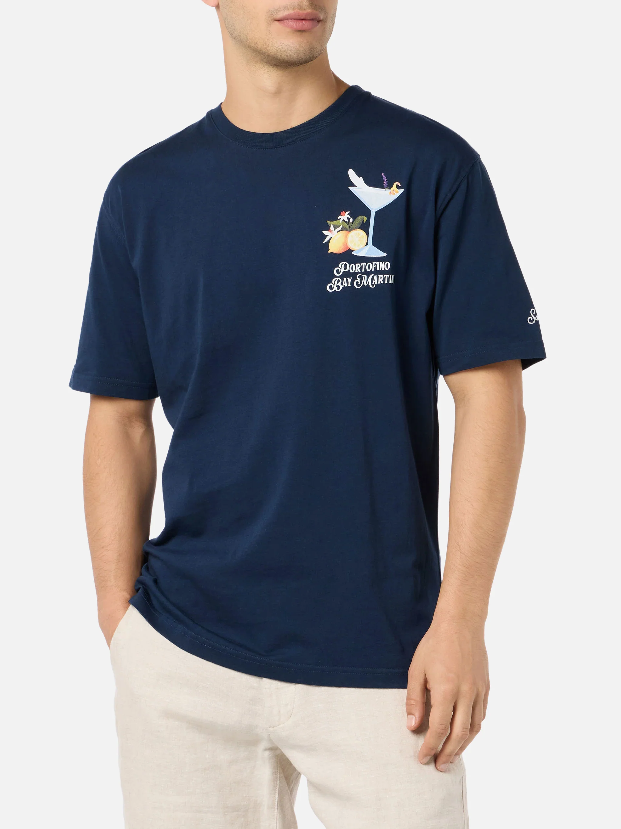 Portofino Bay Martini t-shirt with print in blue | Special Edition - Image 3