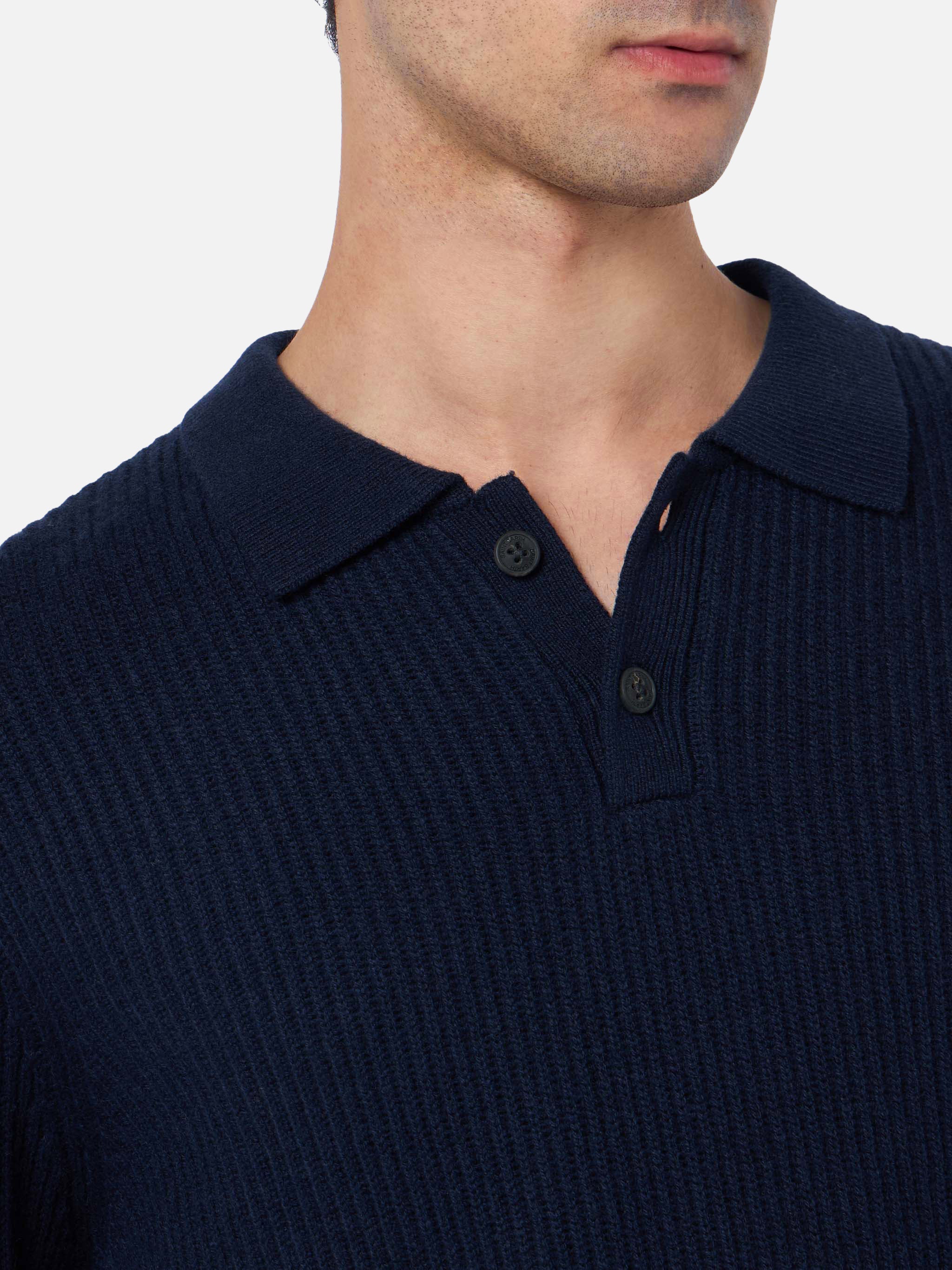 Navy blue ribbed sweater Downing in BLENDED CASHMERE with buttoned collar - Image 2