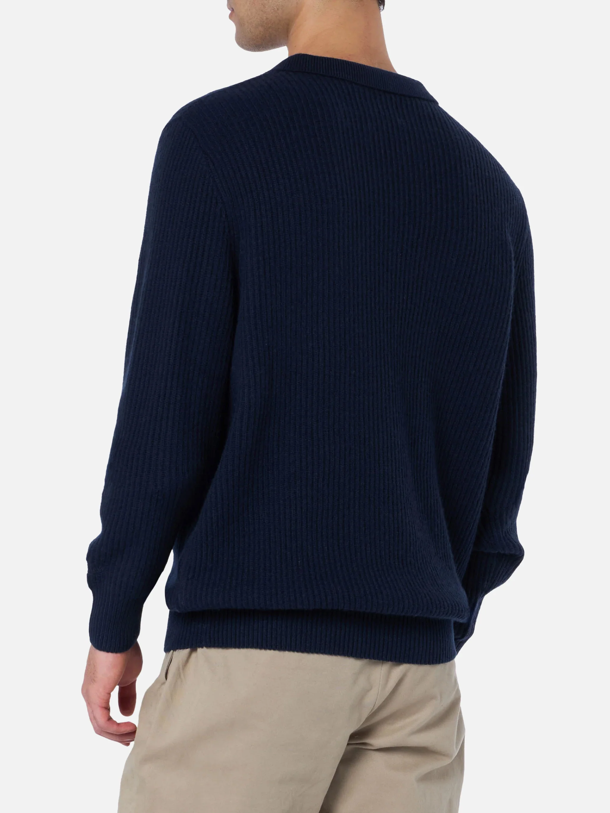 Navy blue ribbed sweater Downing in BLENDED CASHMERE with buttoned collar - Image 3