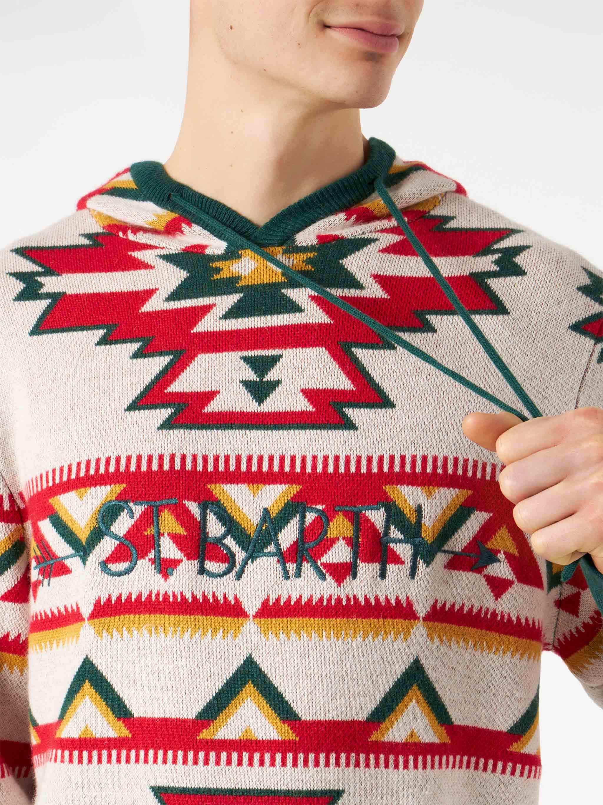 Wood brushed hooded knit with ethnic pattern - Image 2