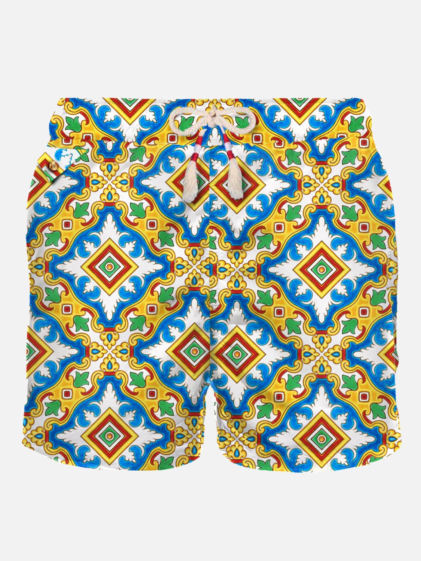 Lighting white multicolor majolica print technical fabric swim shorts