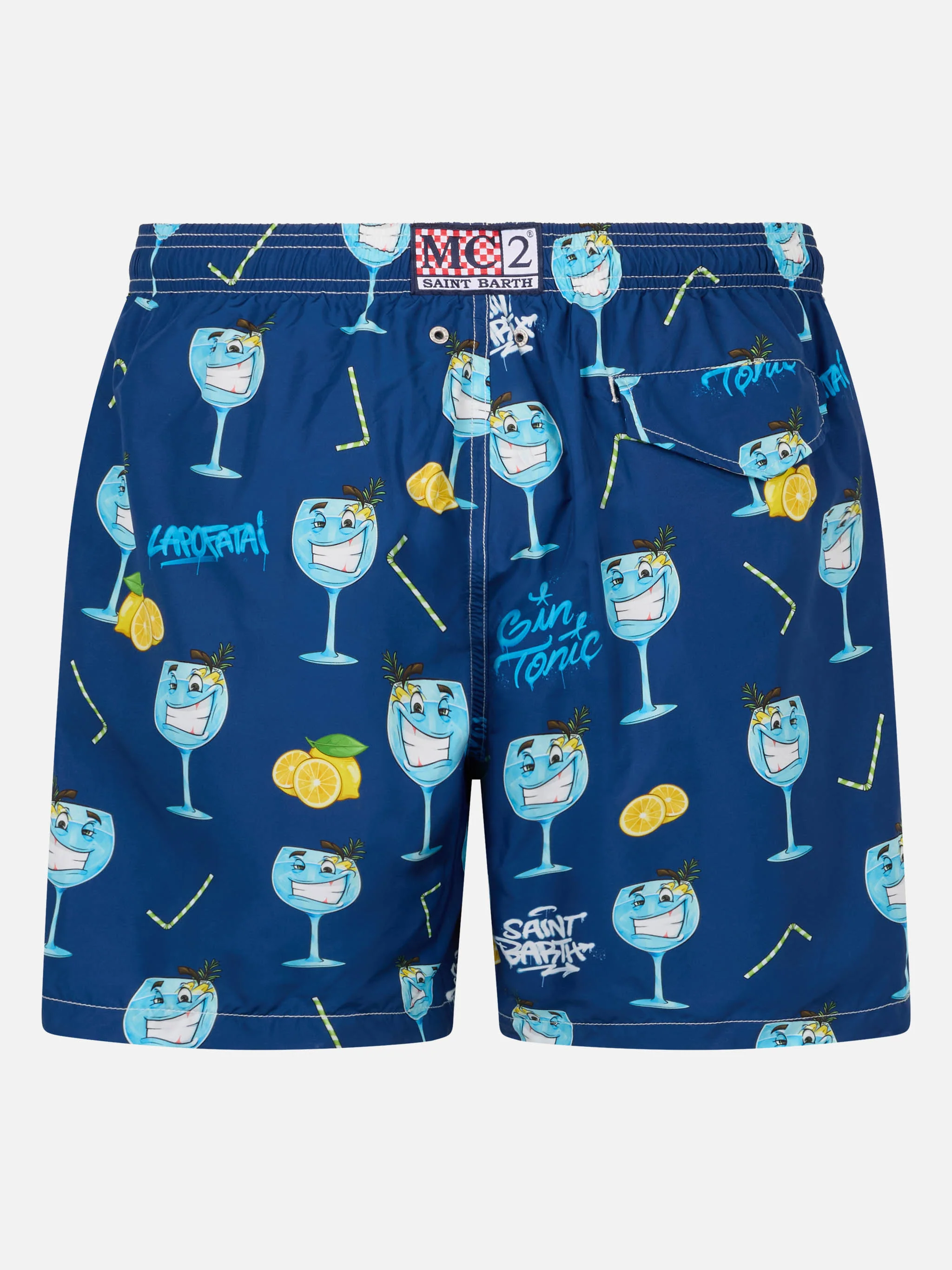 Lighting swim shorts with Cryptopuppets Gin Tonic print in blue | Special Edition - Image 2