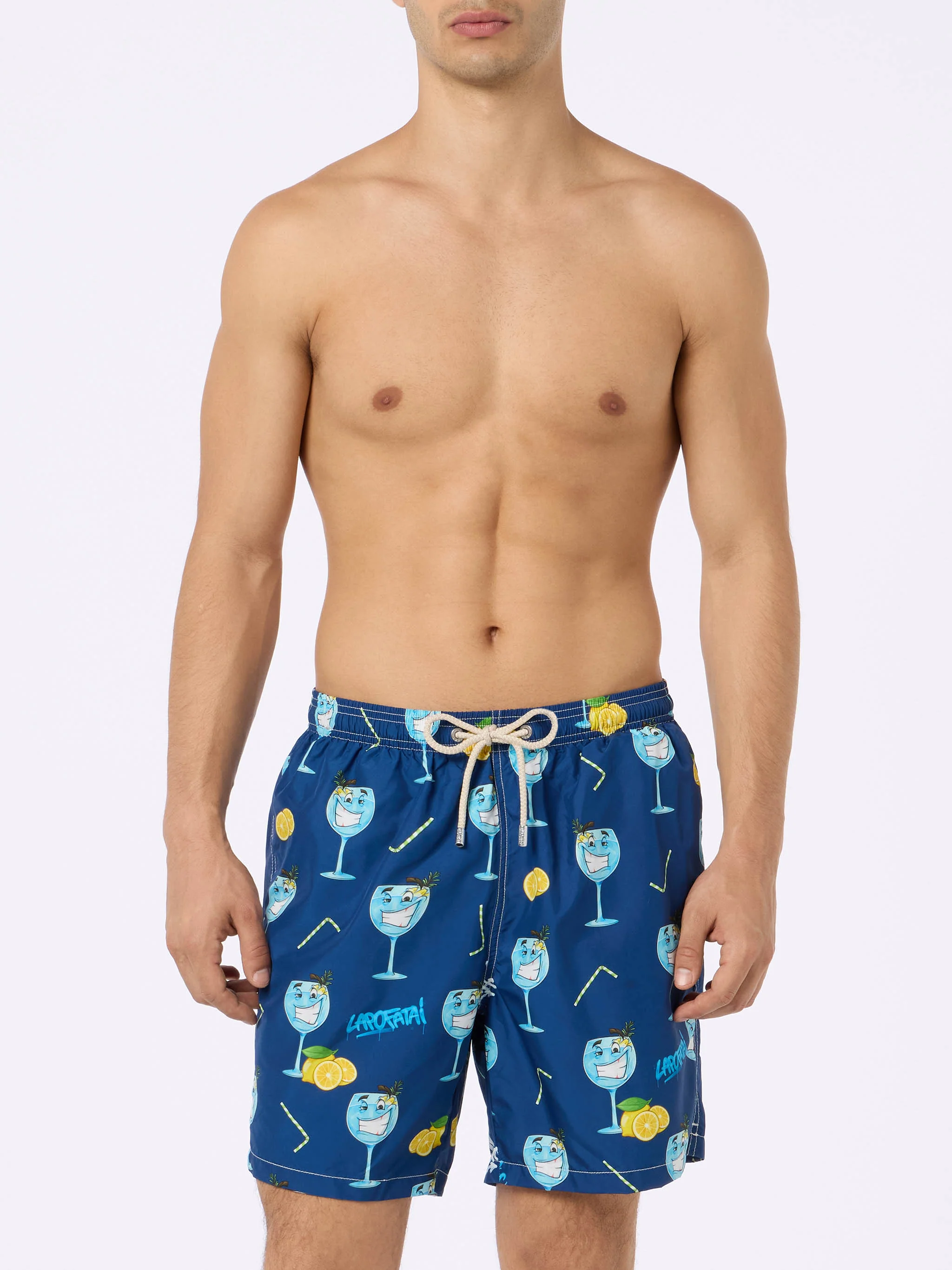 Lighting swim shorts with Cryptopuppets Gin Tonic print in blue | Special Edition - Image 3