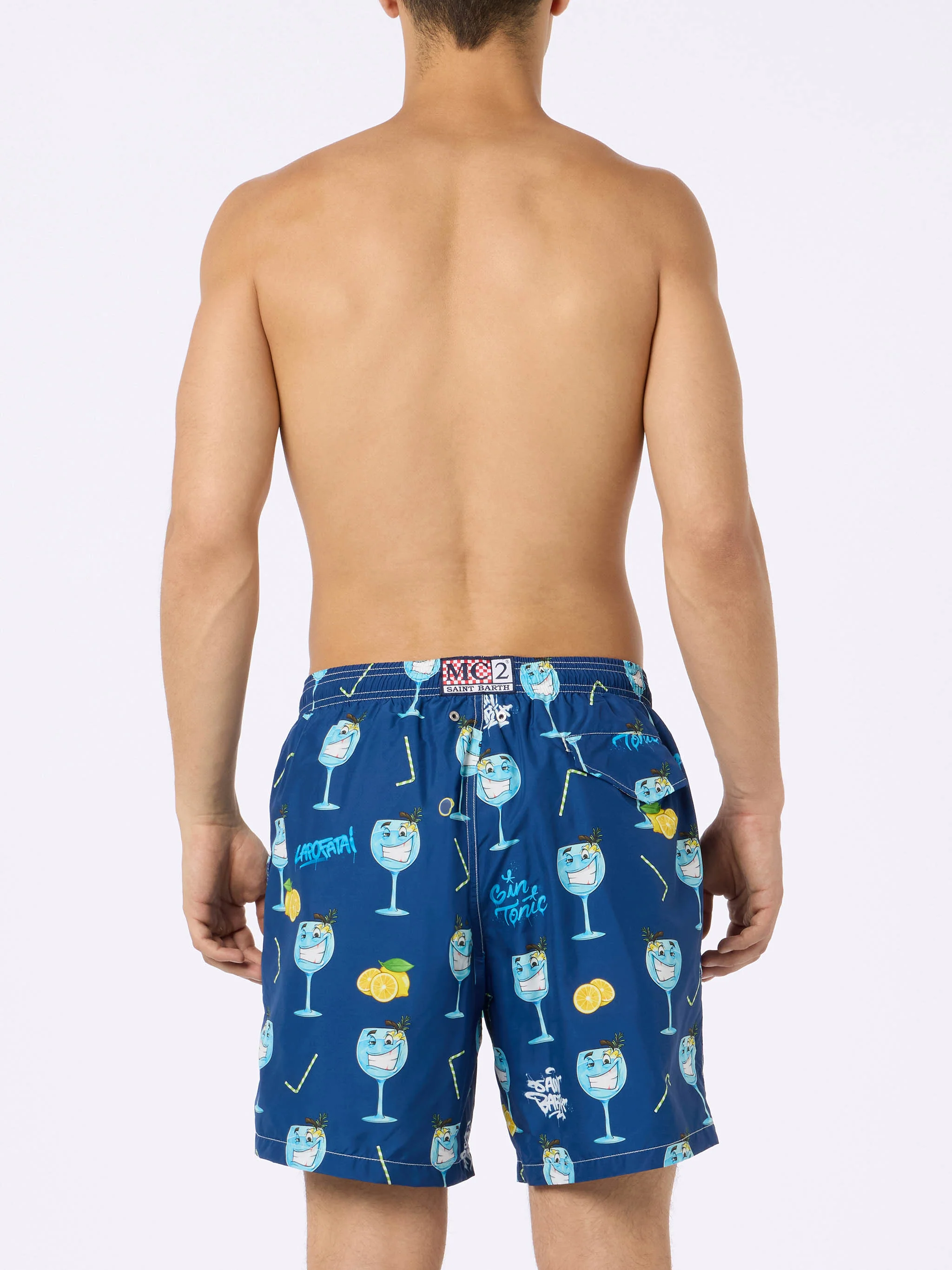 Lighting swim shorts with Cryptopuppets Gin Tonic print in blue | Special Edition - Image 4