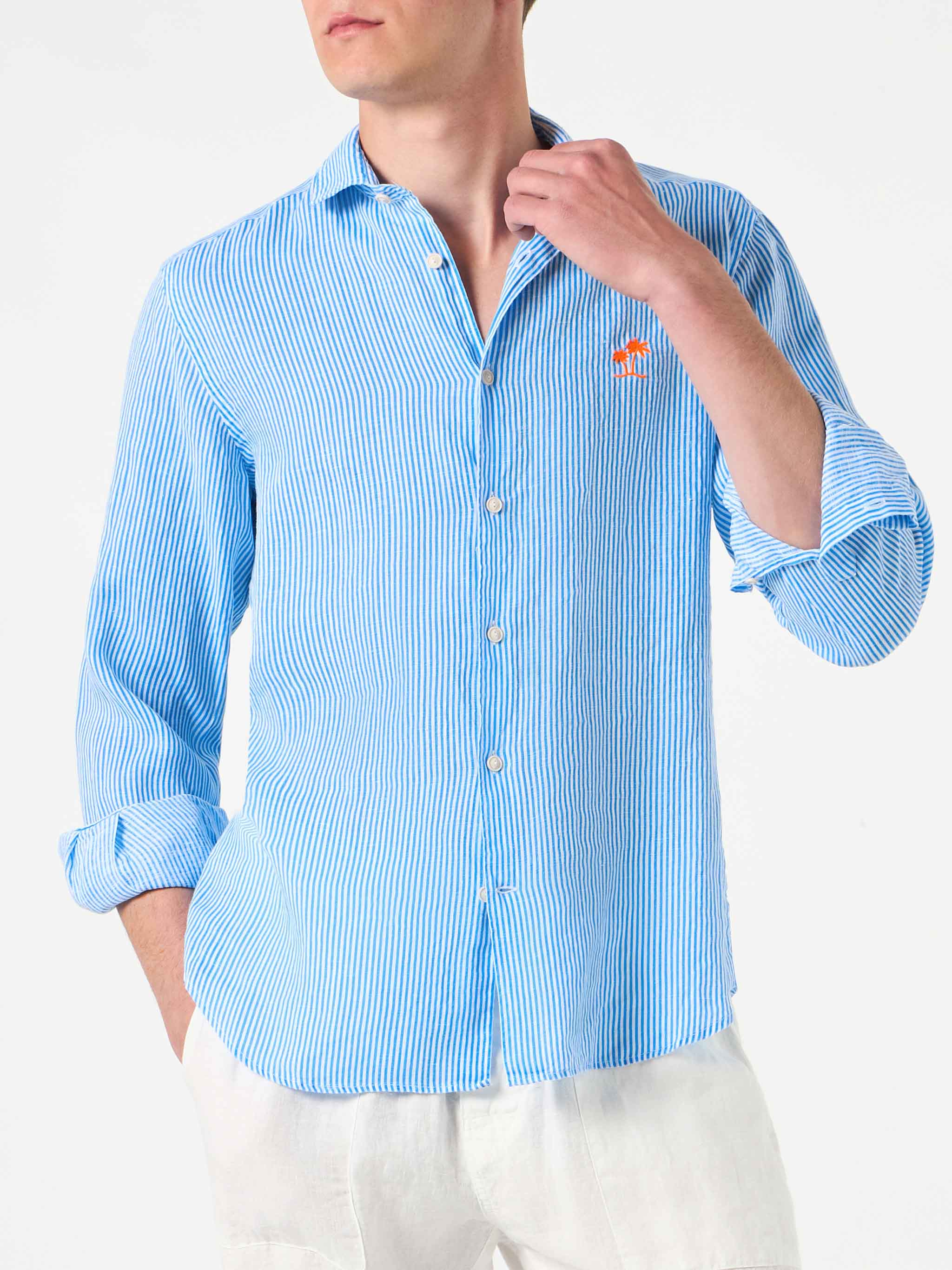 Pamplona white and bluette fluo striped linen shirt