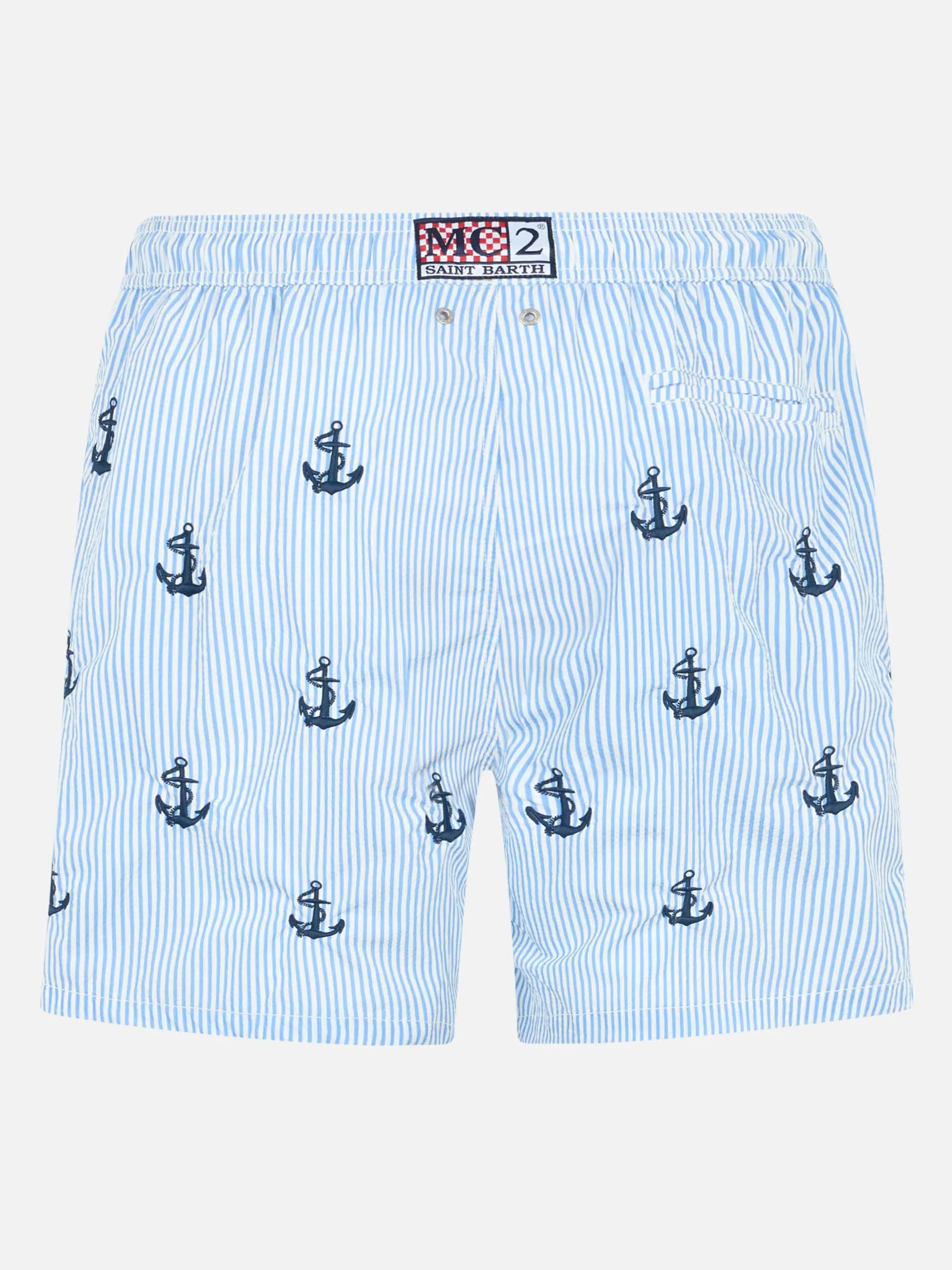 Gustavia seersucker blue and white striped swim shorts with anchor embroidery - Image 2