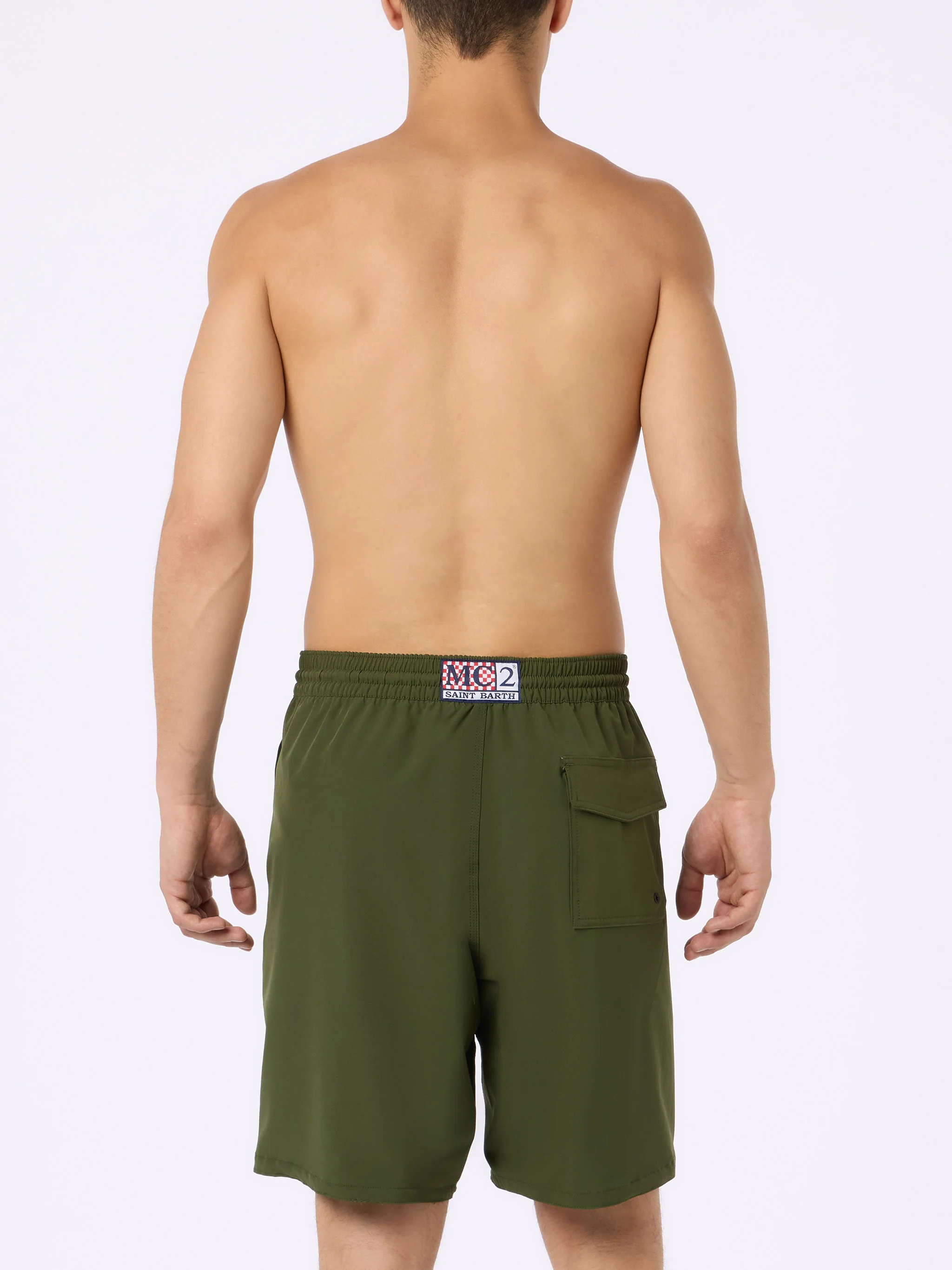 Military green long stretch Comfort Surf swim shorts - Image 4