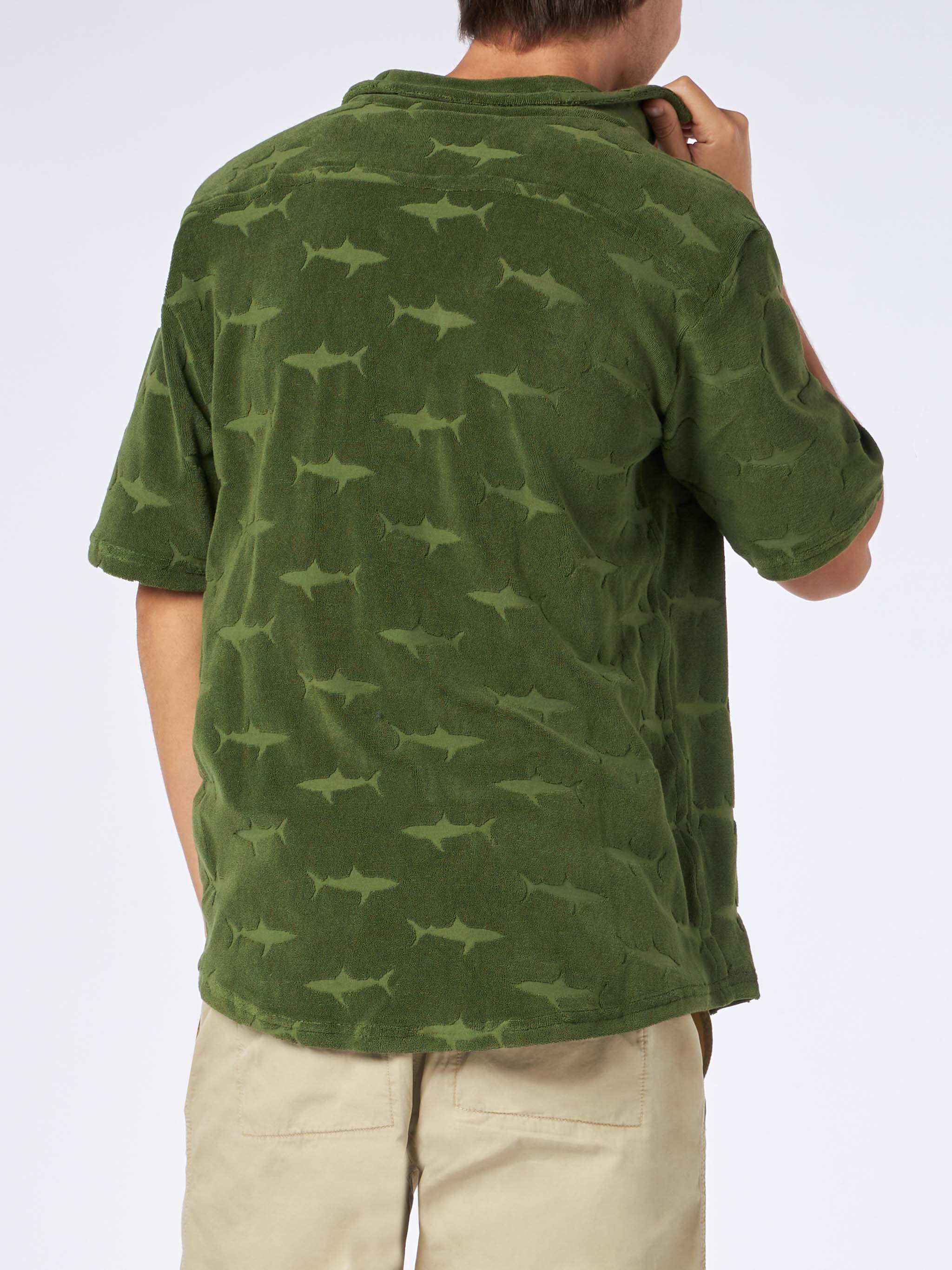 Riviera military green terry shirt with shark pattern - Image 2