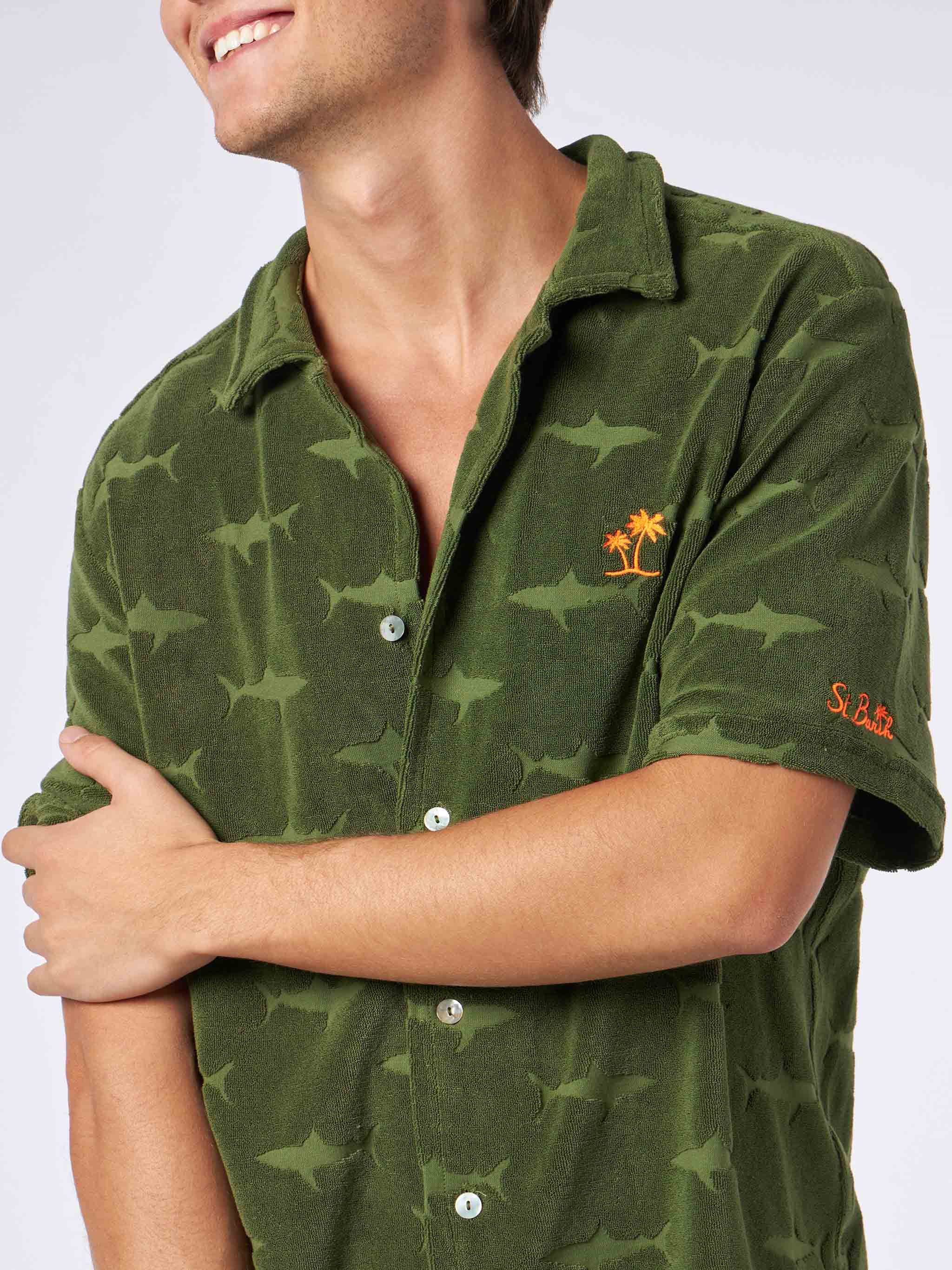 Riviera military green terry shirt with shark pattern - Image 3
