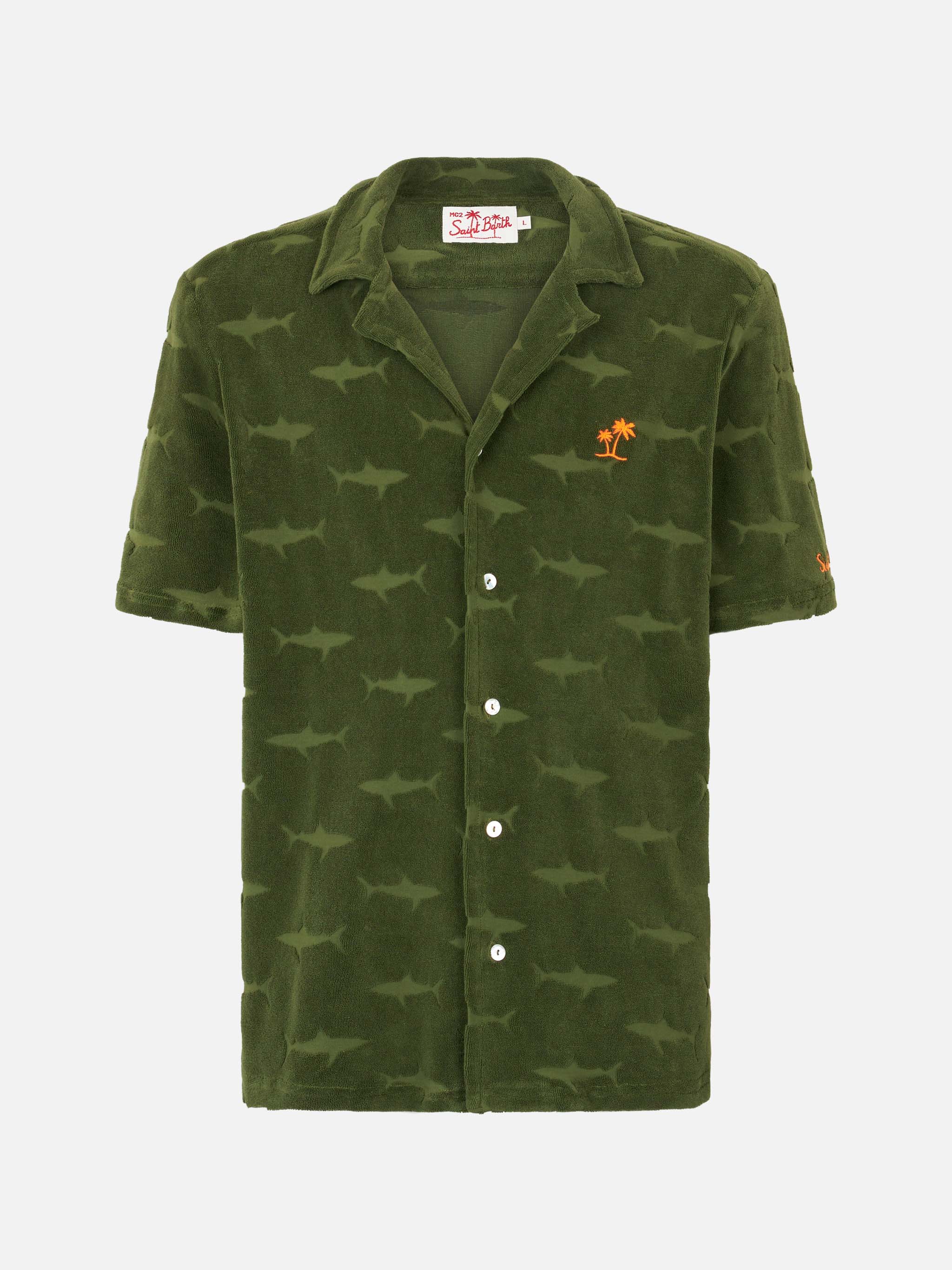 Riviera military green terry shirt with shark pattern - Image 4