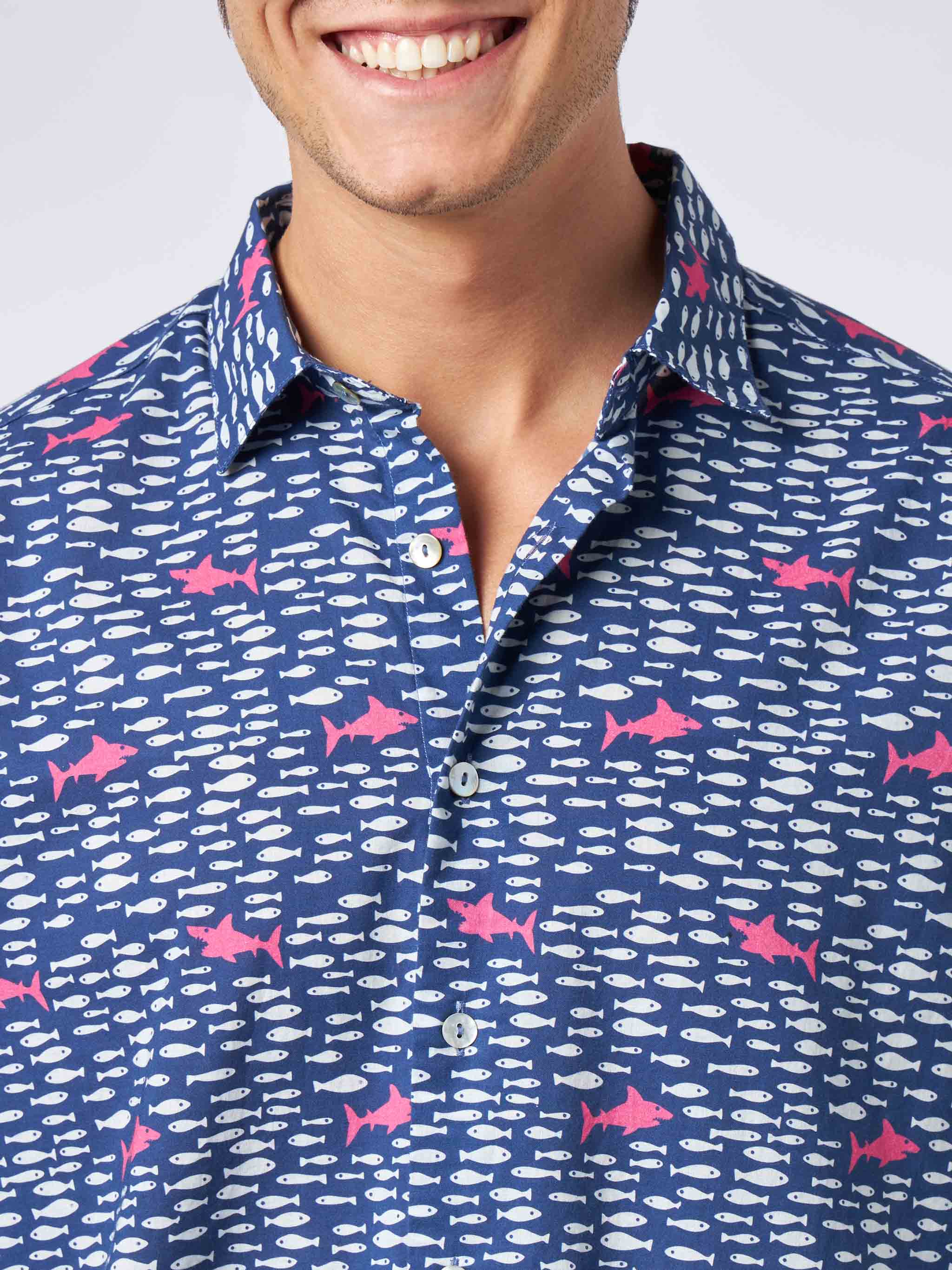 Sikelia muslin cotton shirt with fish and sharks print - Image 2