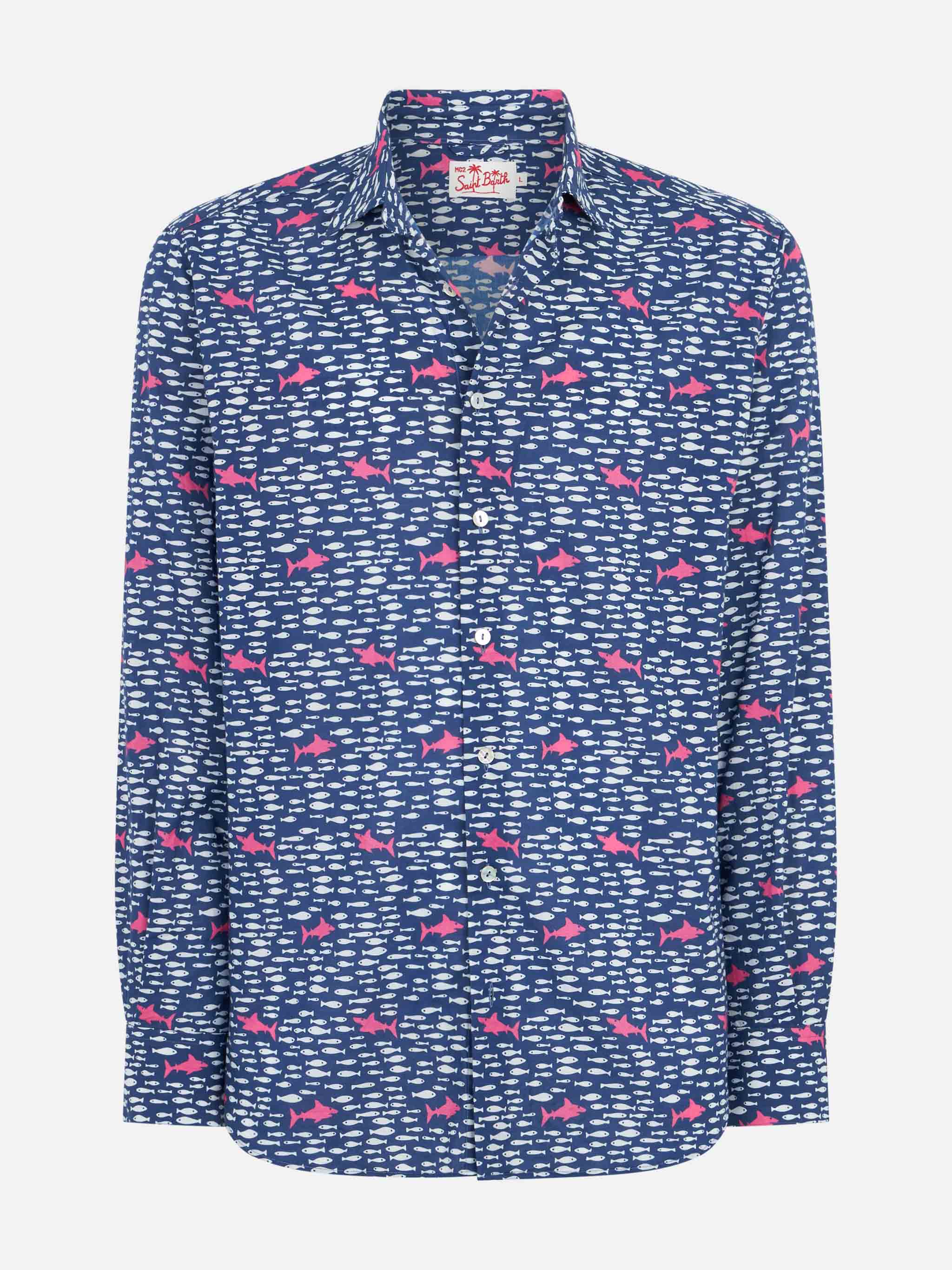 Sikelia muslin cotton shirt with fish and sharks print - Image 4