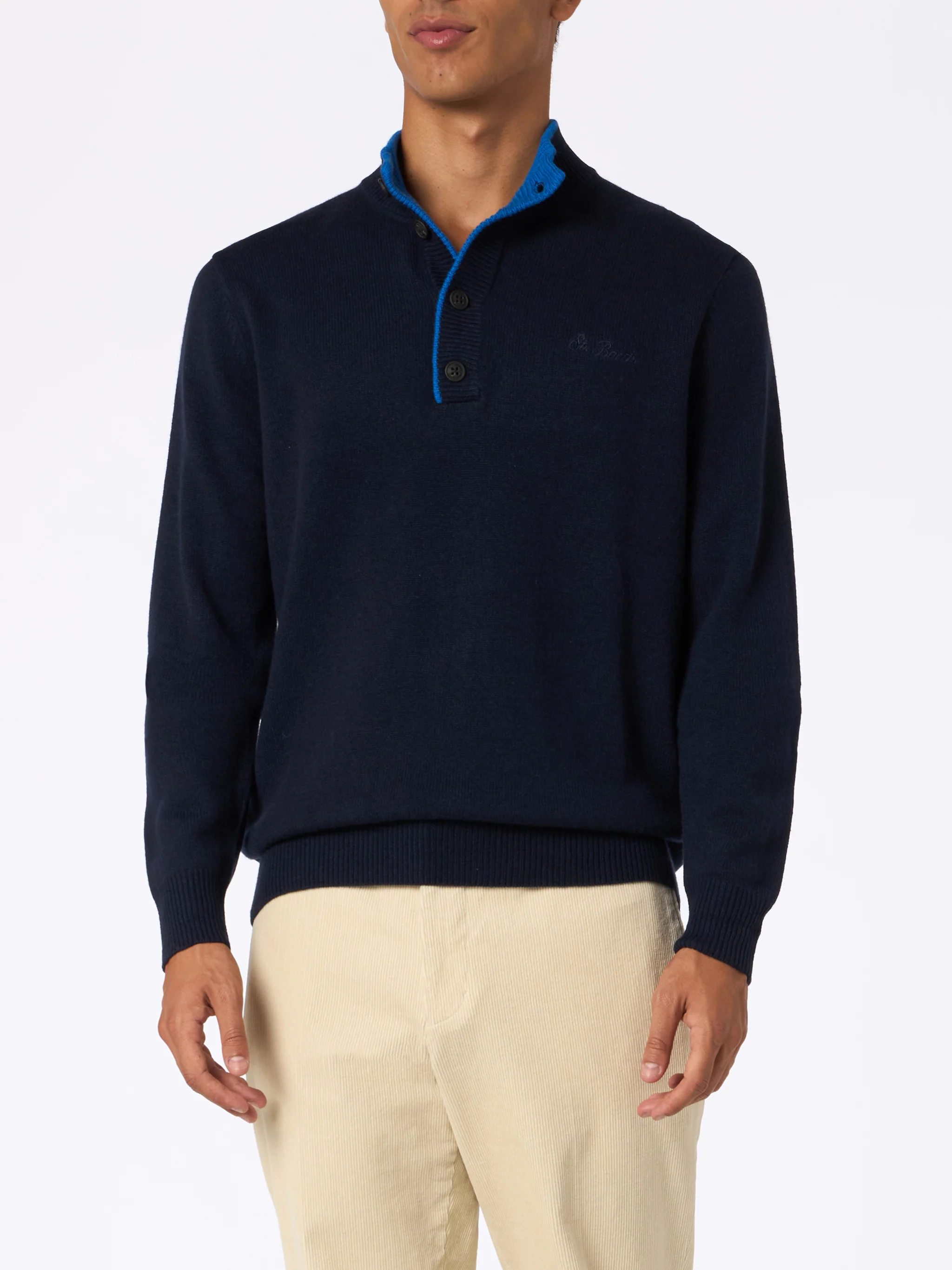 Navy blue polo sweater in BLENDED CASHMERE