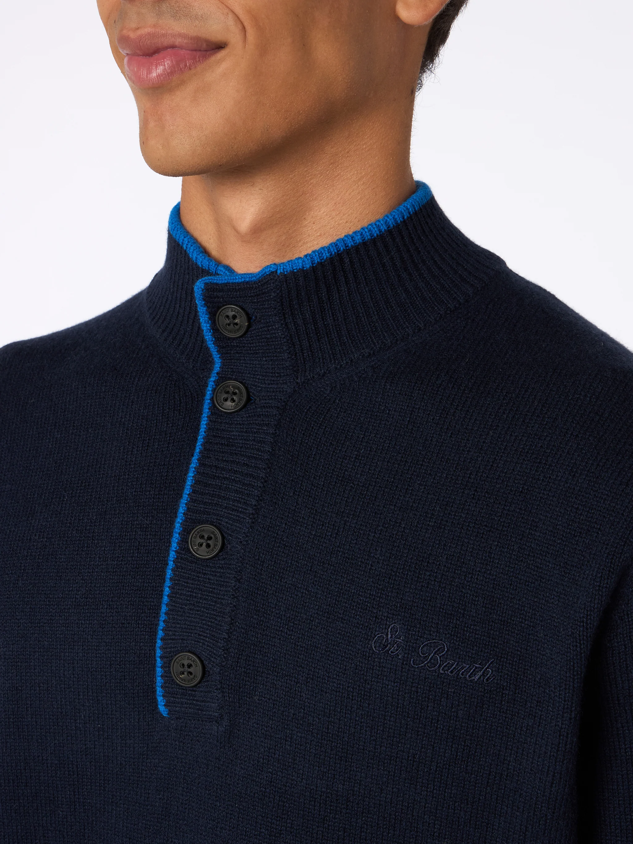 Navy blue polo sweater in BLENDED CASHMERE - Image 3