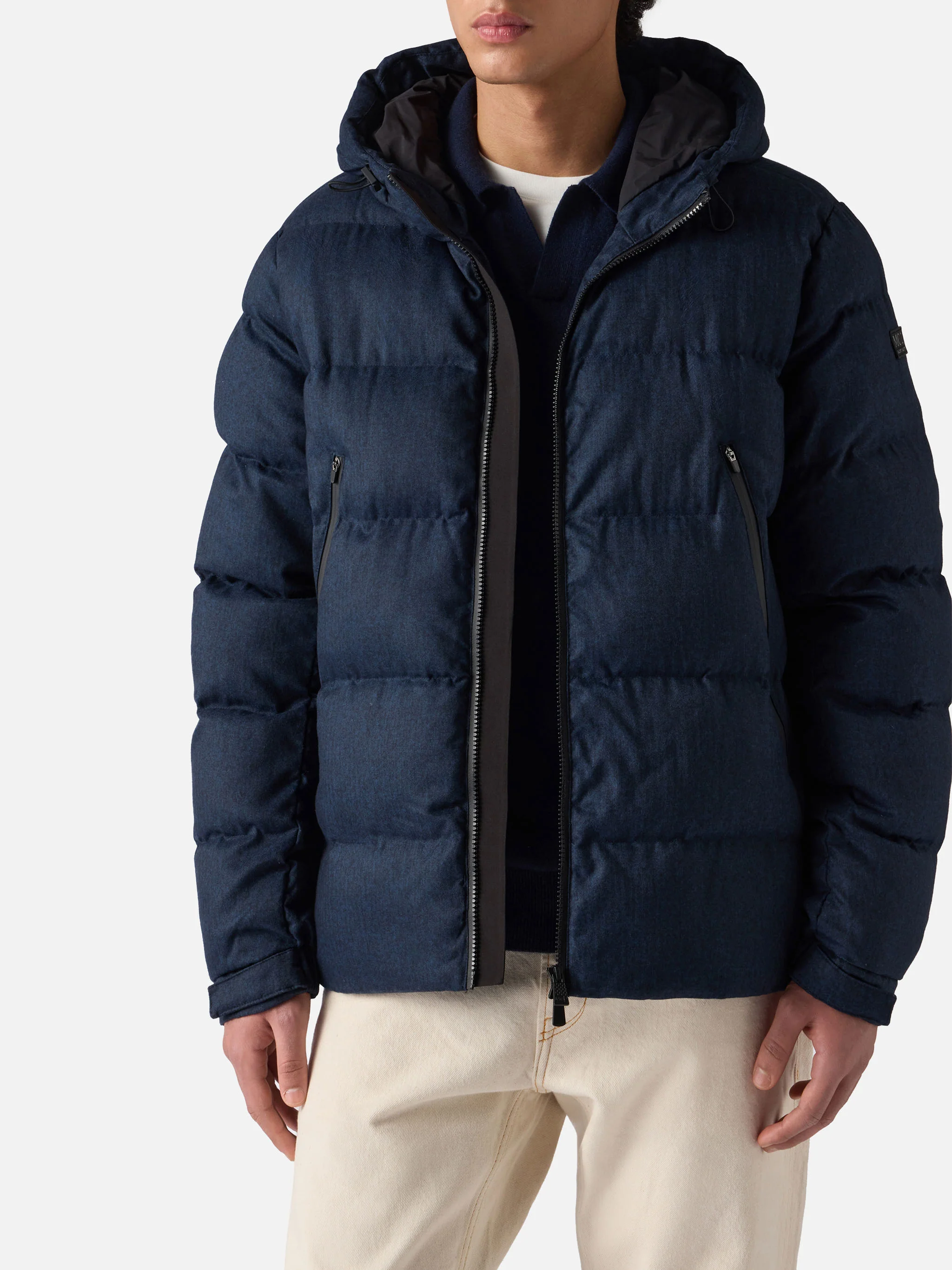 Maier padded hooded jacket in flannel in navy blue solid color