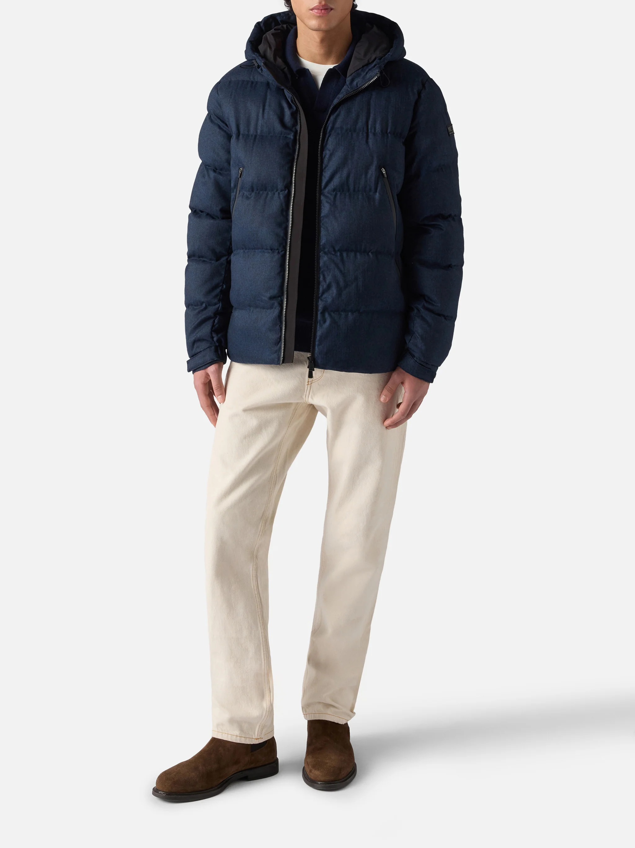 Maier padded hooded jacket in flannel in navy blue solid color - Image 2