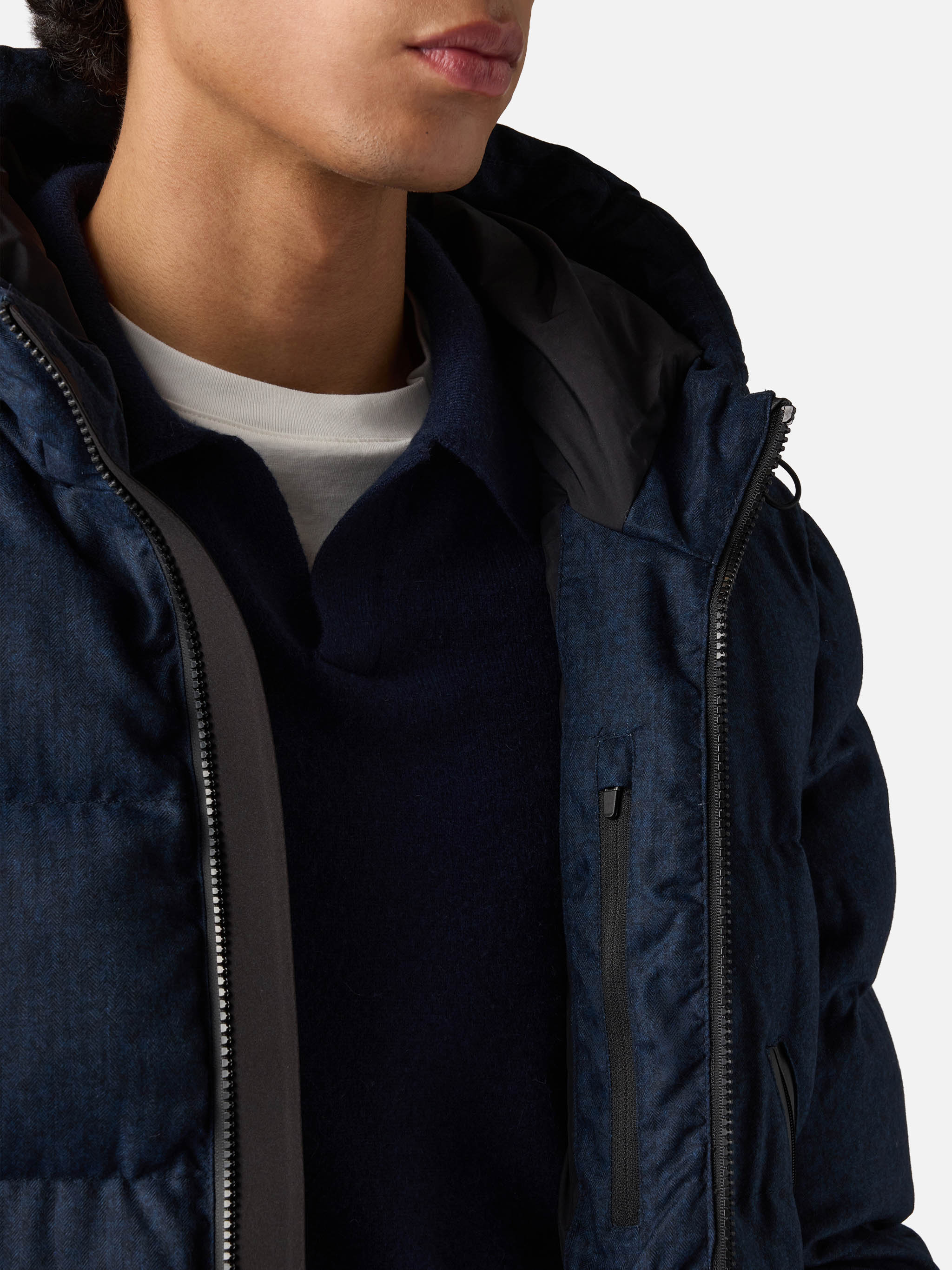 Maier padded hooded jacket in flannel in navy blue solid color - Image 3