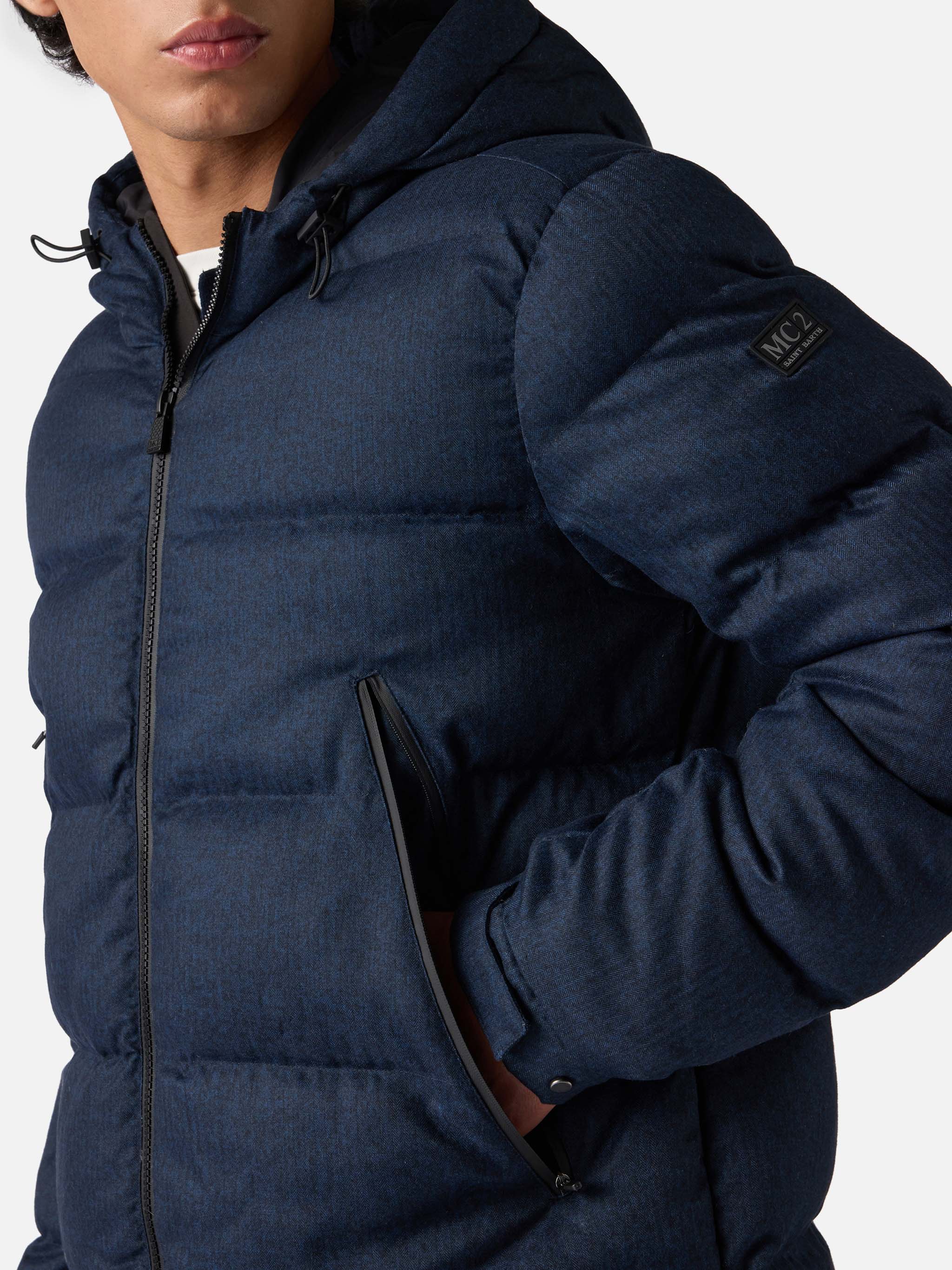 Maier padded hooded jacket in flannel in navy blue solid color - Image 5