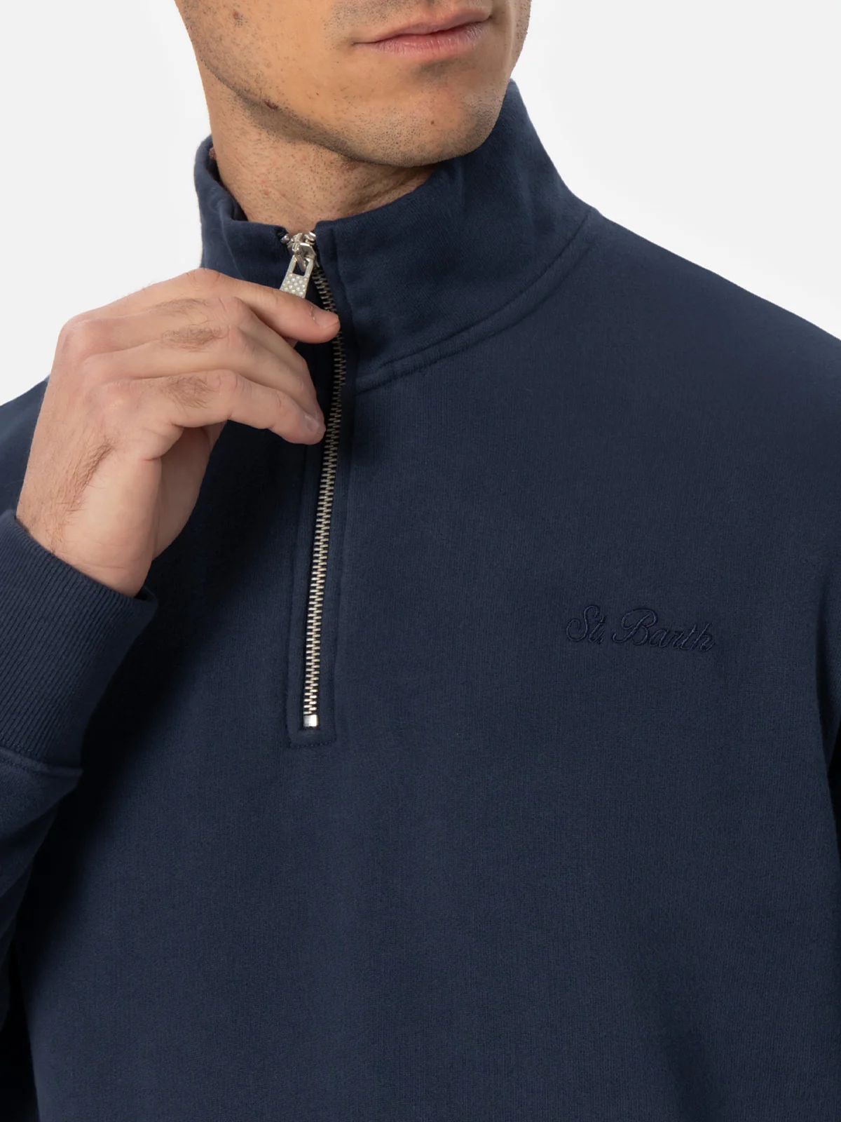 Dunkan half zip cotton sweatshirt in navy blue solid color with logo embroidery - Image 2