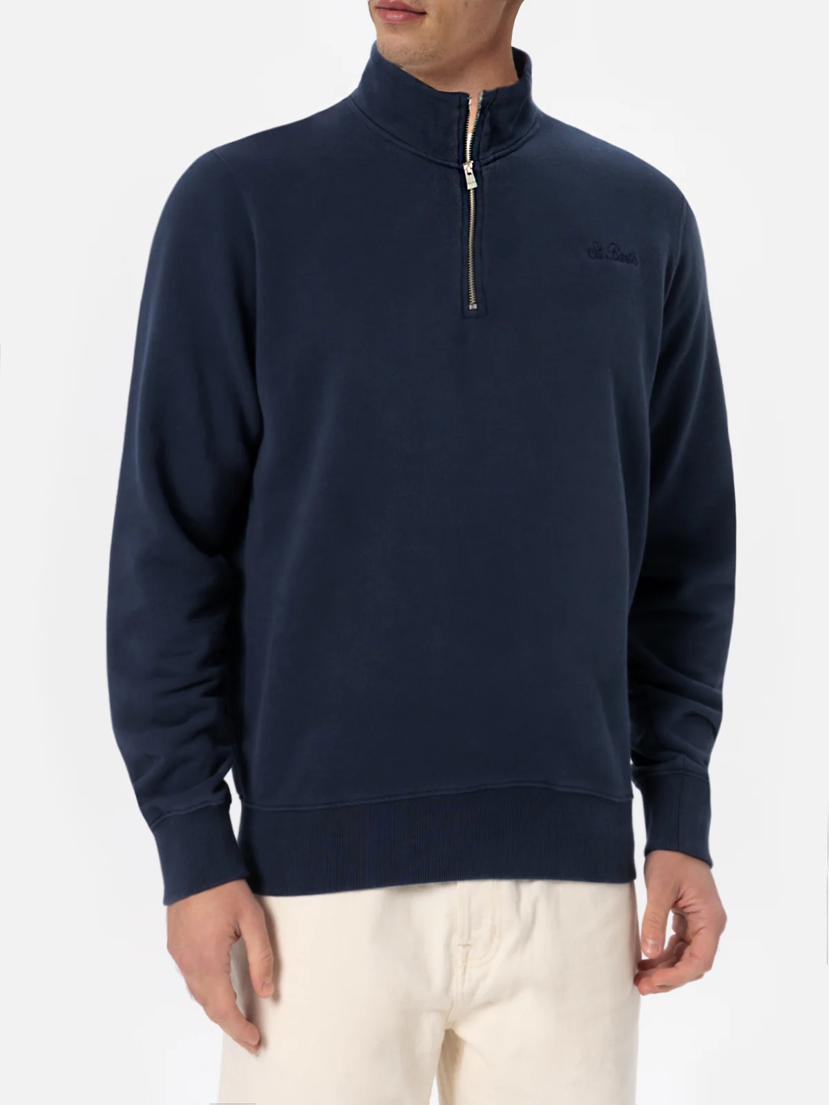 Dunkan half zip cotton sweatshirt in navy blue solid color with logo embroidery - Image 3