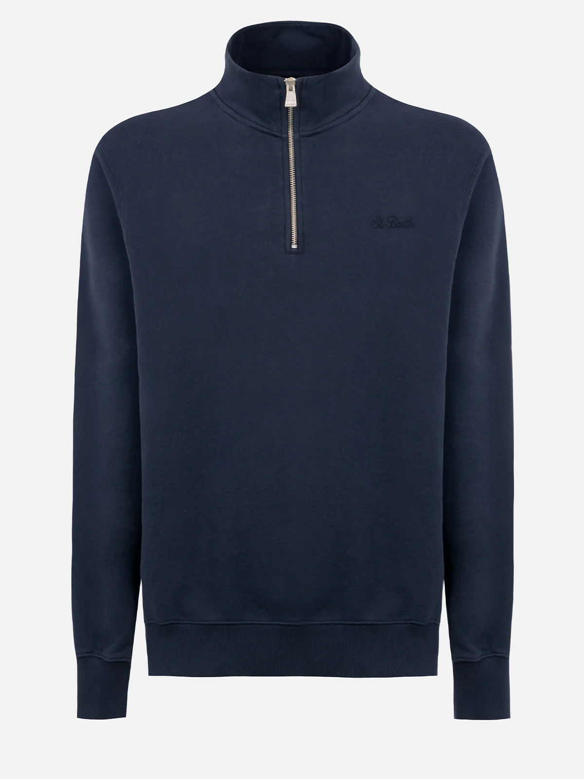 Dunkan half zip cotton sweatshirt in navy blue solid color with logo embroidery - Image 5