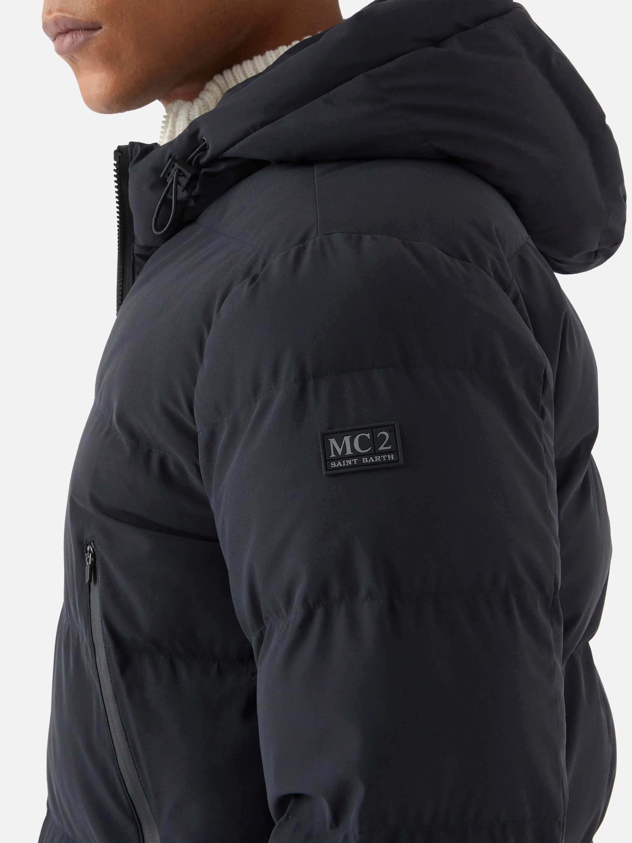 Maier padded hooded jacket in technical fabric in navy blue solid color - Image 3