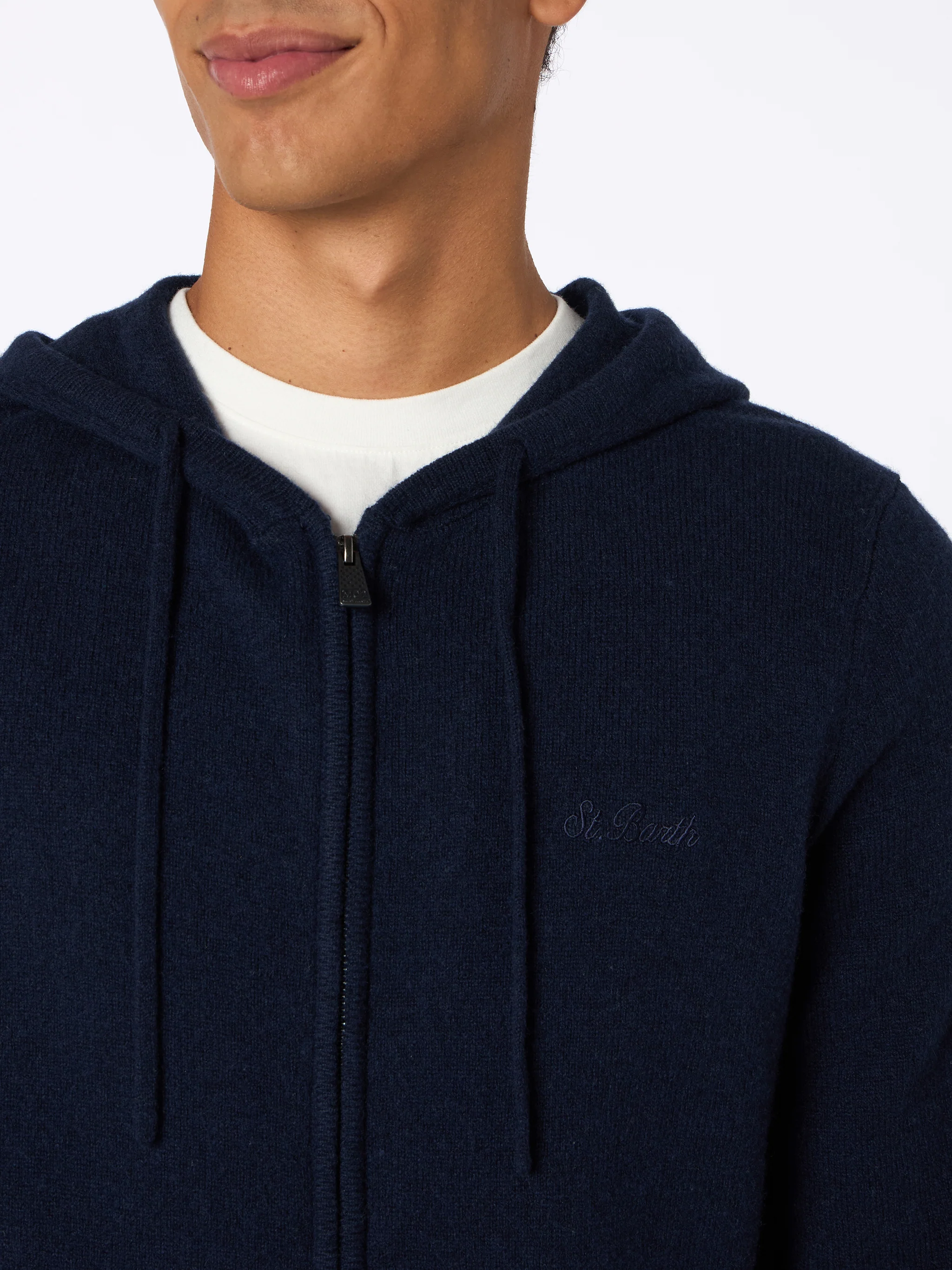 Notting wool hooded sweater in navy blue solid color - Image 3