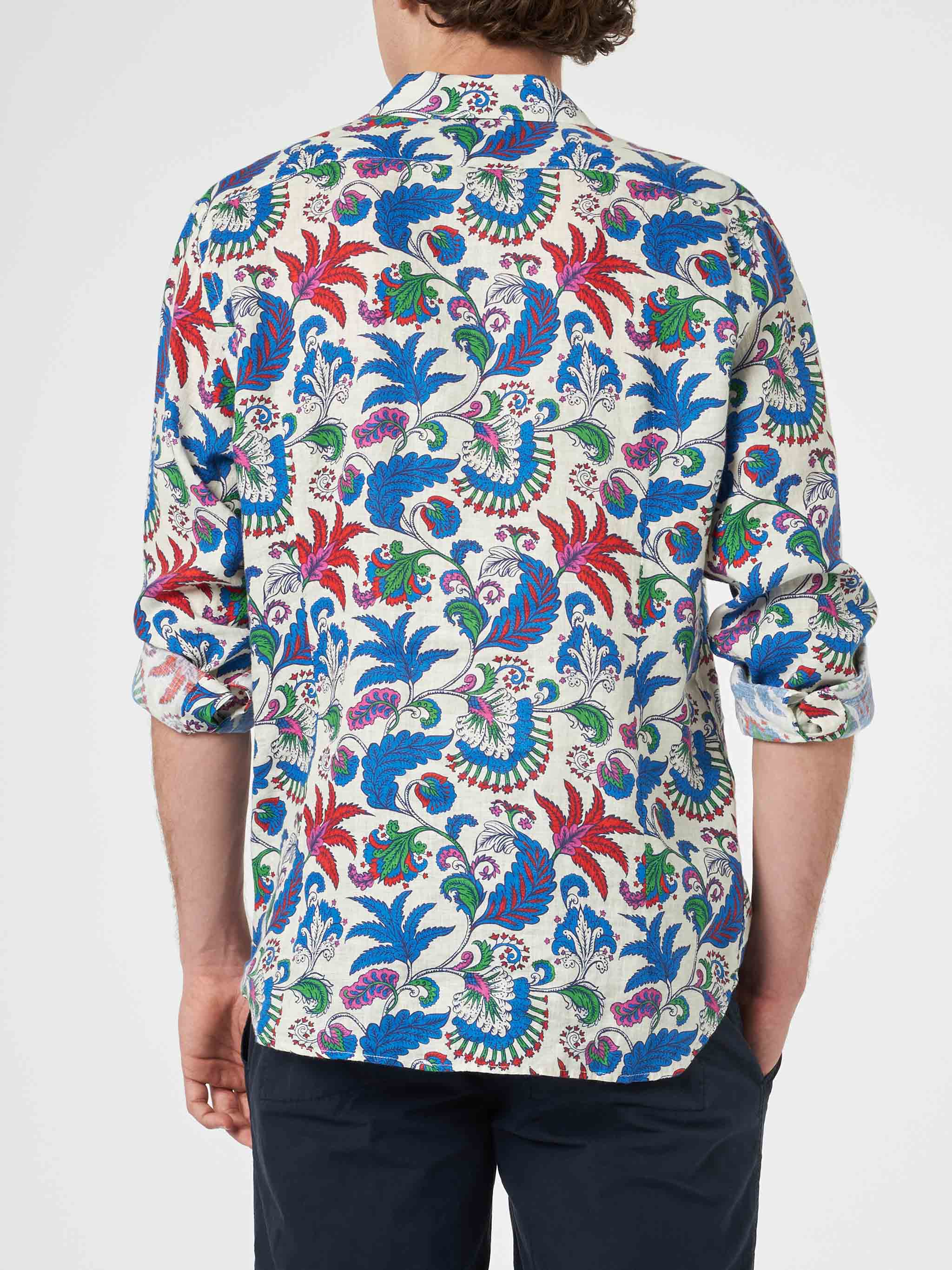 Nvy blue linen shirt Pamplona with flower print - Image 2