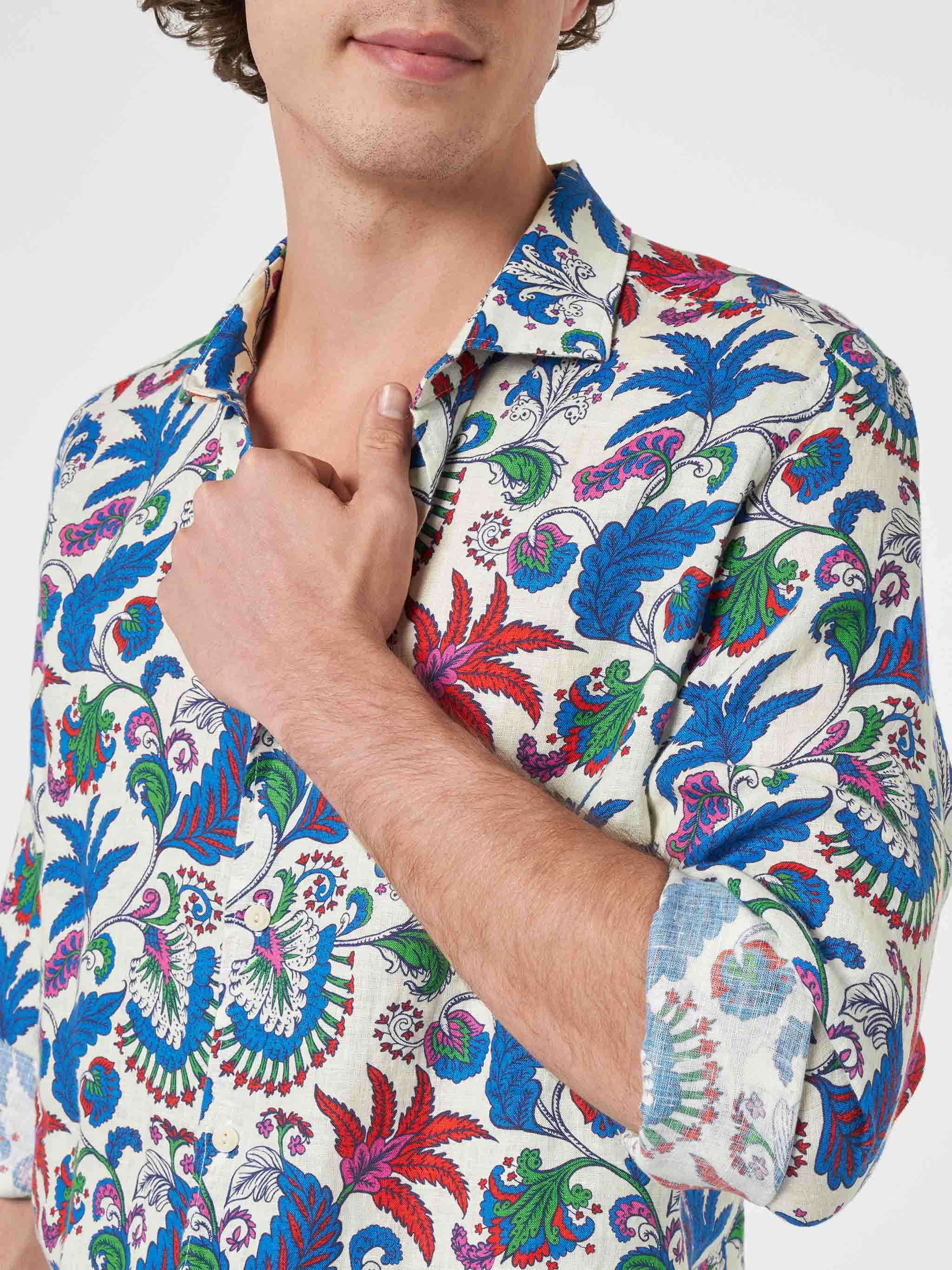 Nvy blue linen shirt Pamplona with flower print - Image 3