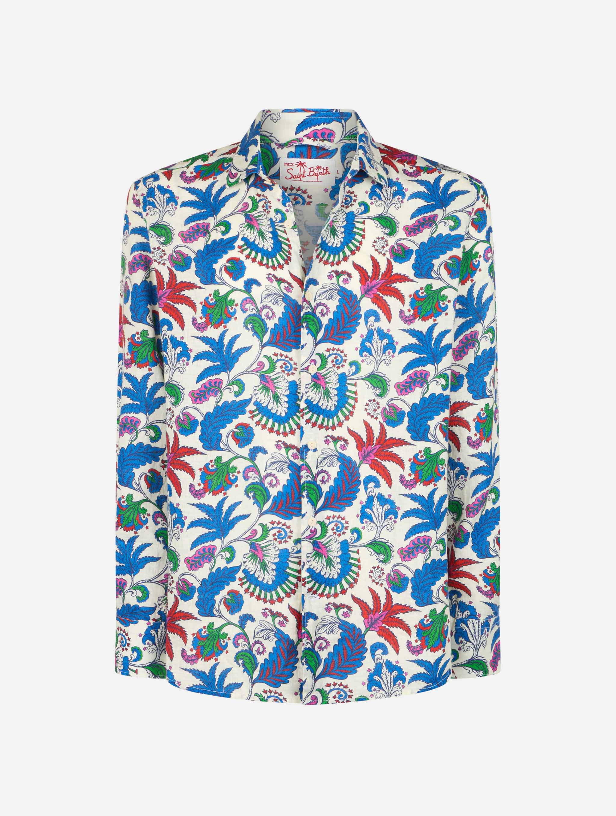 Nvy blue linen shirt Pamplona with flower print - Image 4