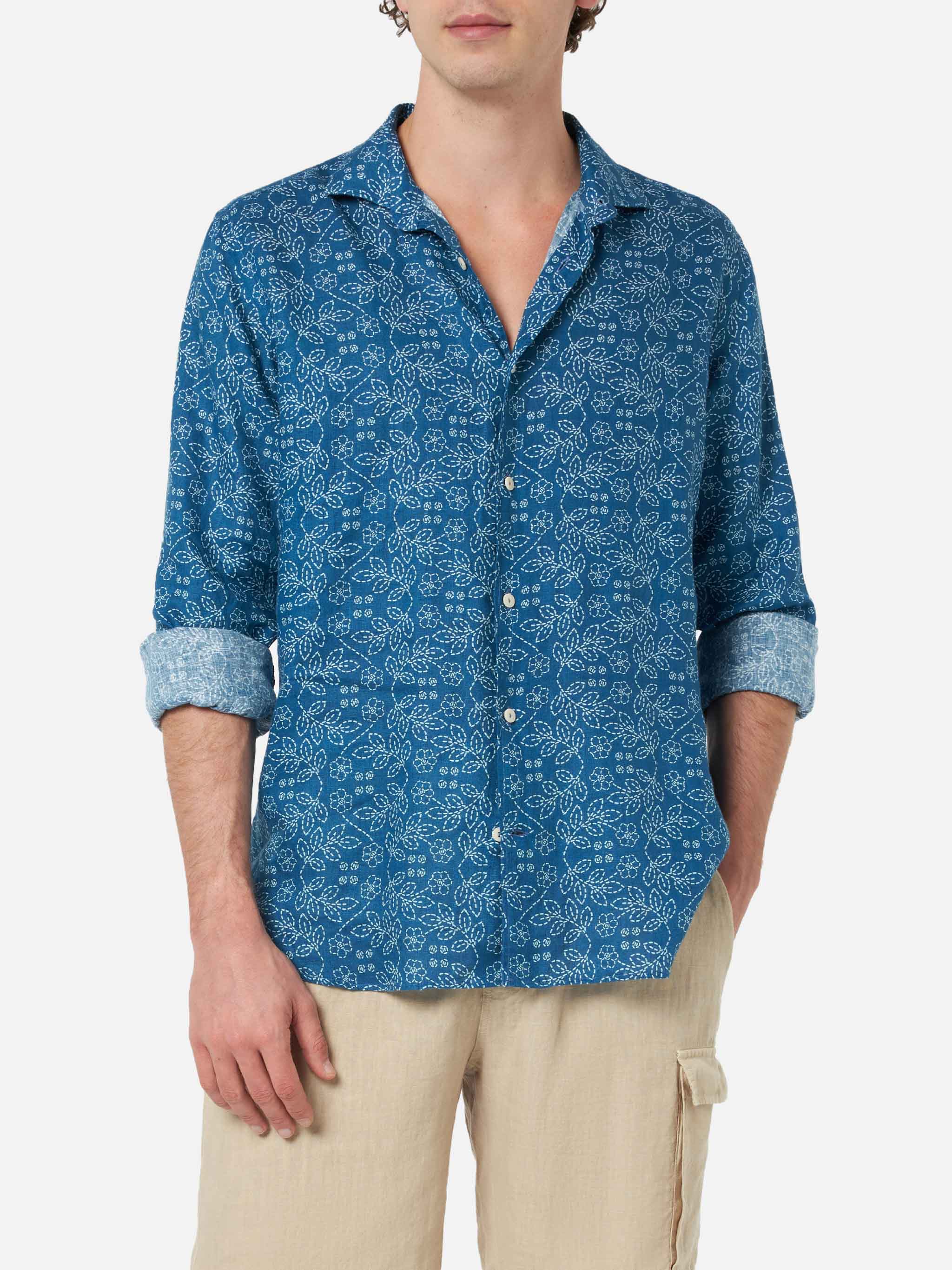 Navy blue linen shirt Pamplona with Sashiko print