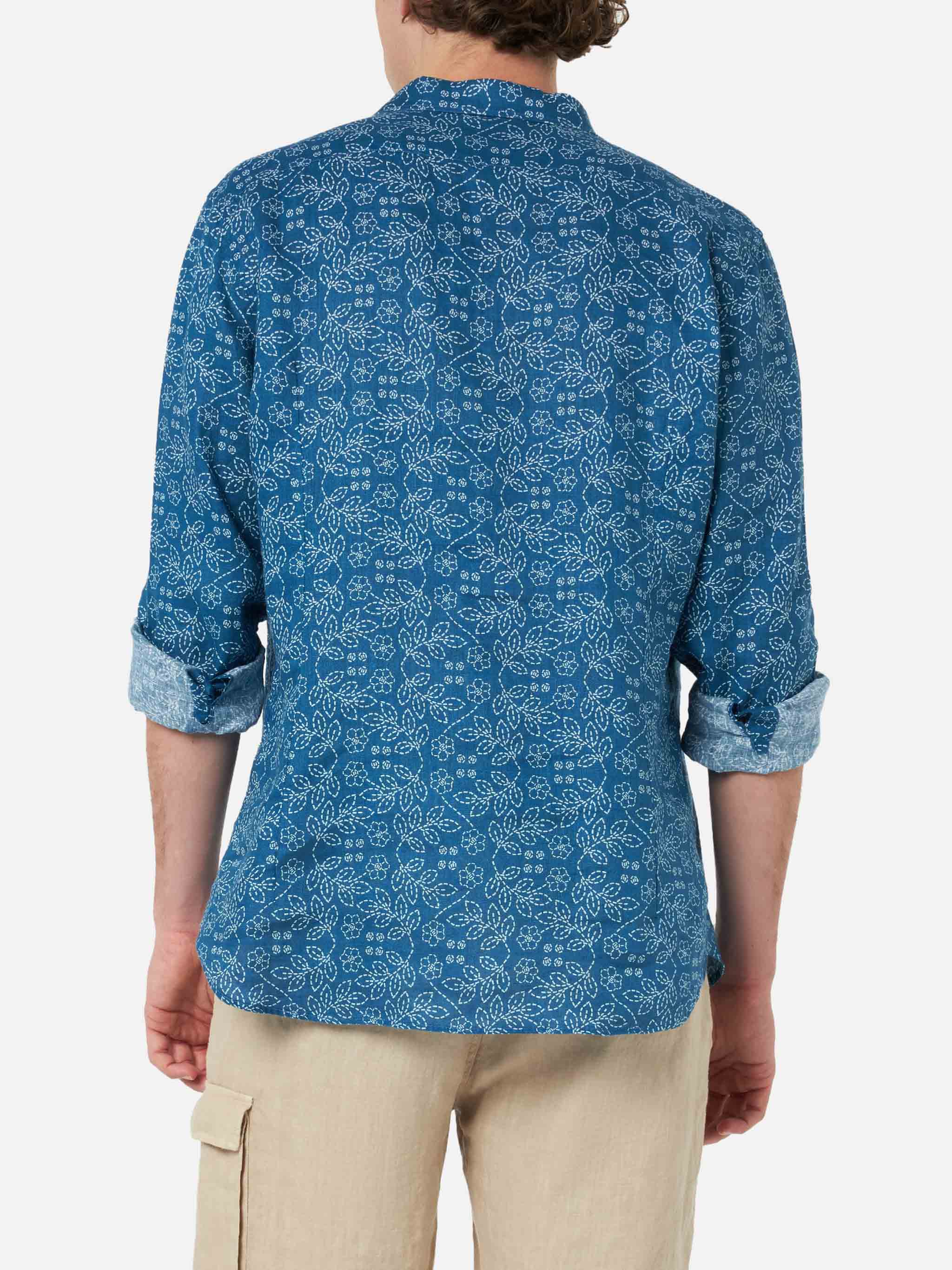 Navy blue linen shirt Pamplona with Sashiko print - Image 2