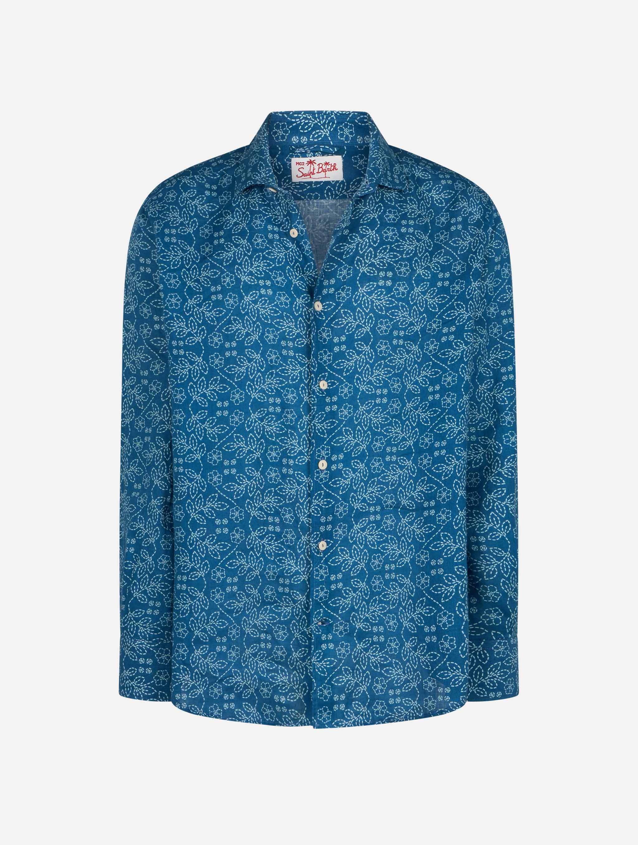 Navy blue linen shirt Pamplona with Sashiko print - Image 4