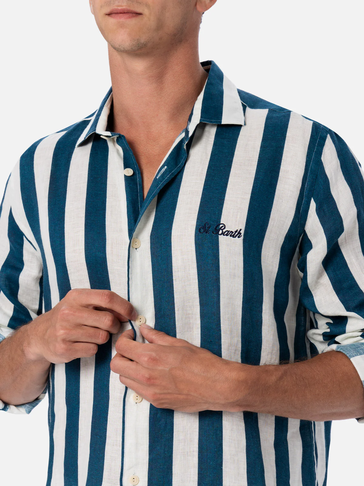Pamplona striped linen shirt in navy blue - Image 2