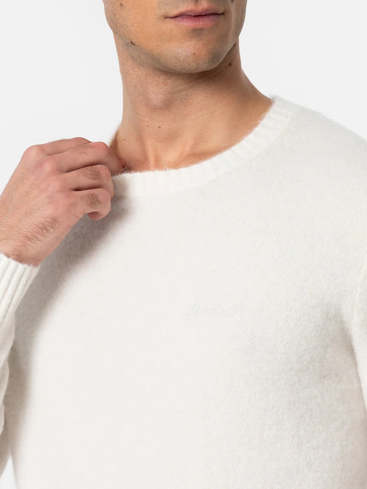 Regent stretch sweater in off white solid color - Image 2